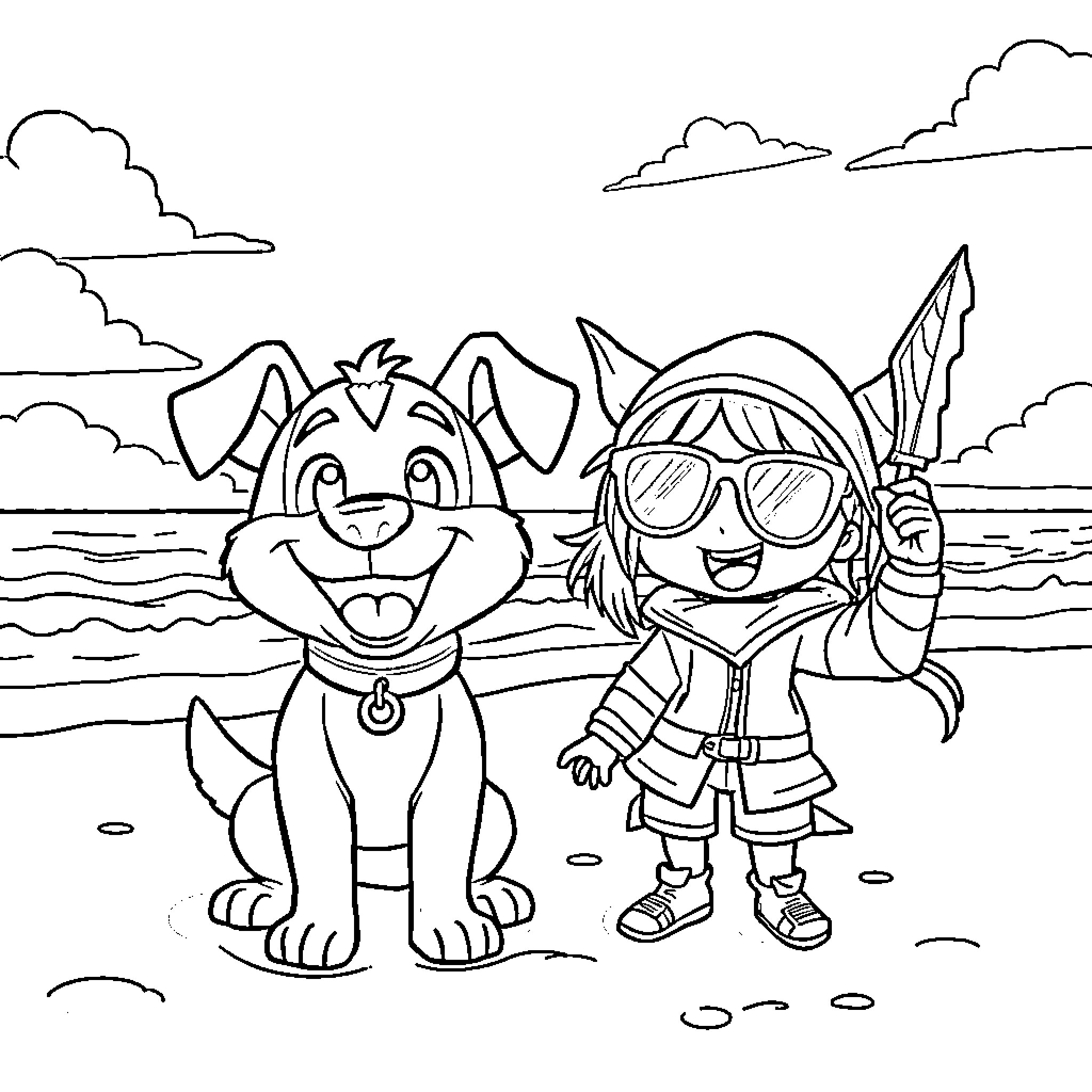 Bluey and friend explore the beach Coloring Page (free black-and-white line drawing printable PDF for all, from beginners to advanced learners, including children, teens, adults, and seniors)