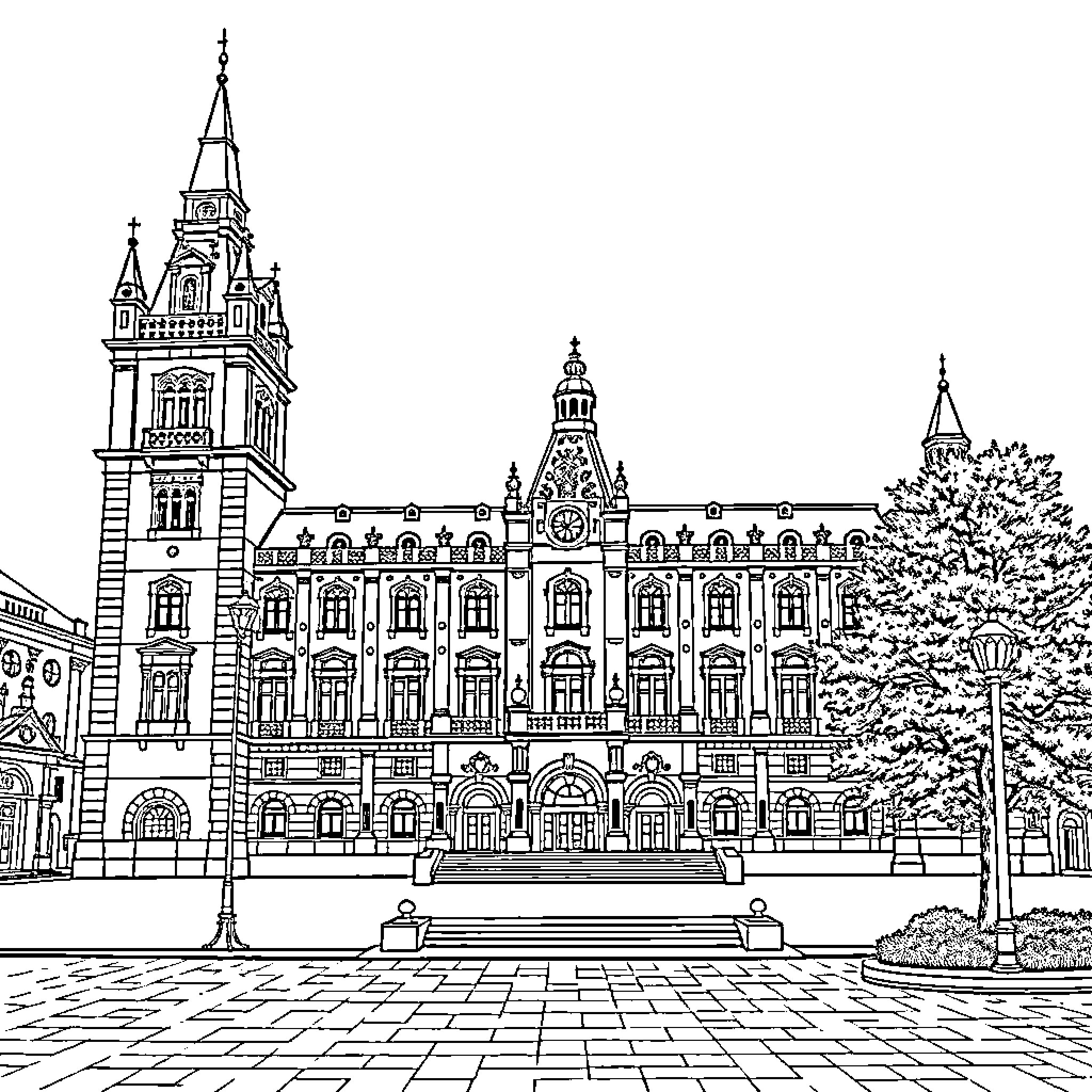 Palace with ornate architecture and grand facade Coloring Page (free black-and-white line drawing printable PDF for all, from beginners to advanced learners, including children, teens, adults, and seniors)
