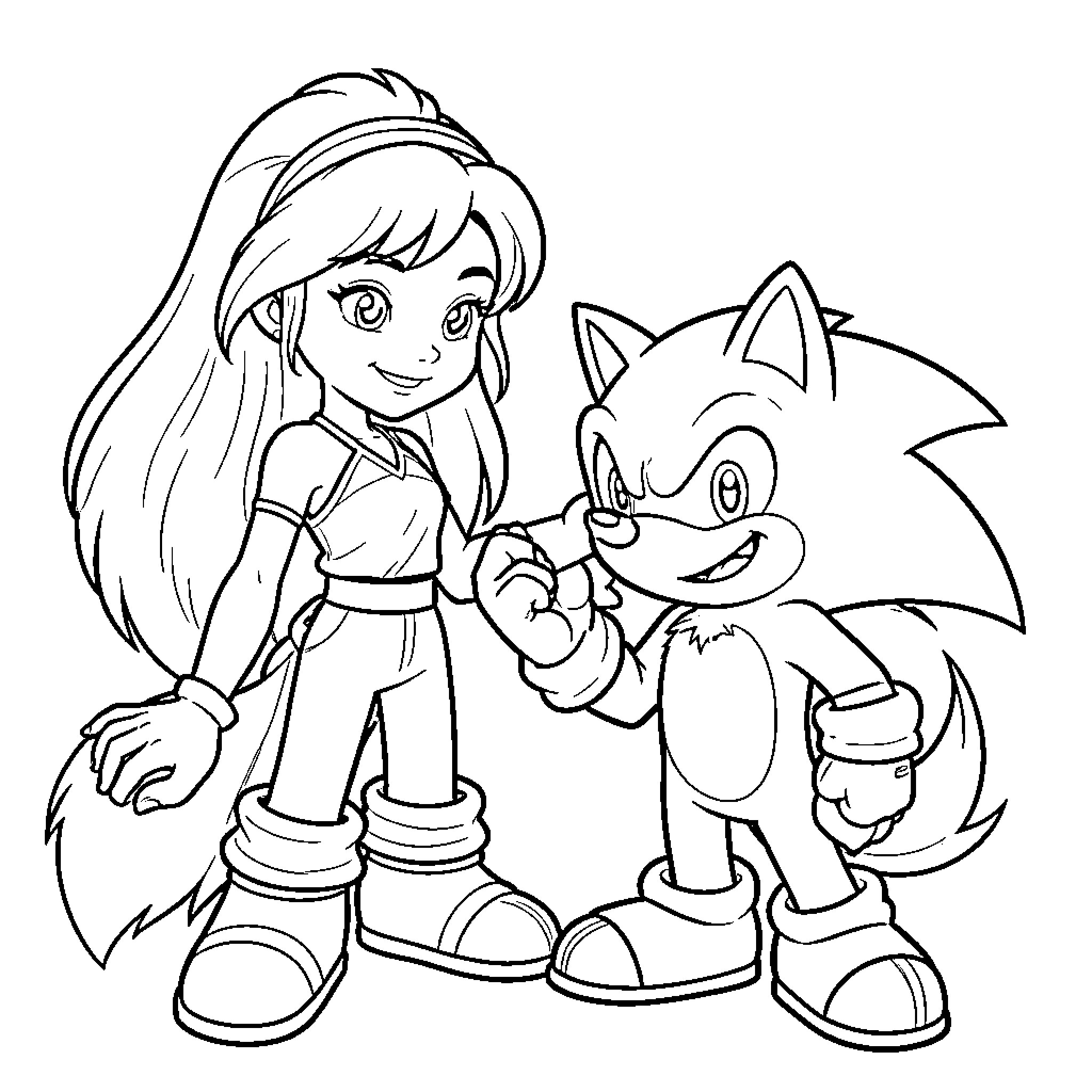 Vaiana character standing beside Sonic the Hedgehog Coloring Page (free black-and-white line drawing printable PDF for all, from beginners to advanced learners, including children, teens, adults, and seniors)