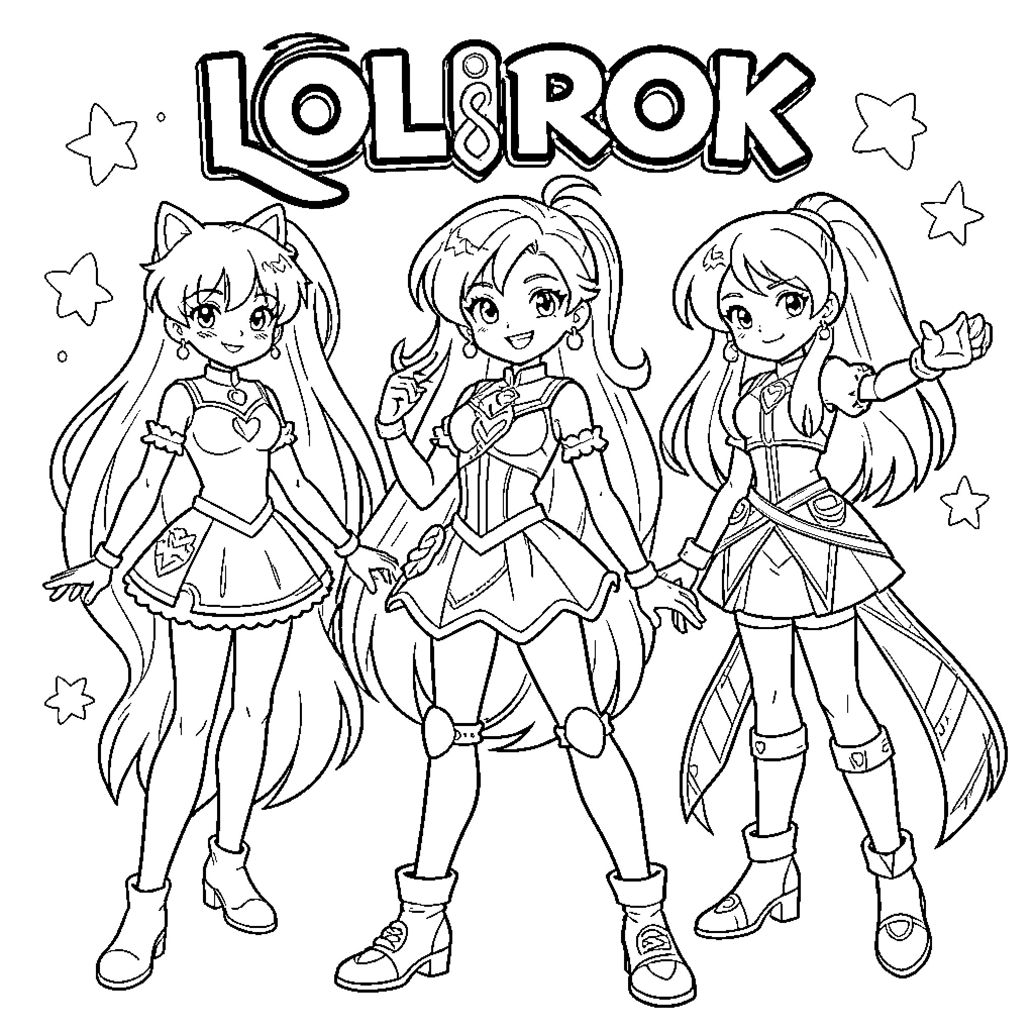 Lolirock characters posing together in magical outfits Coloring Page (free black-and-white line drawing printable PDF for all, from beginners to advanced learners, including children, teens, adults, and seniors)
