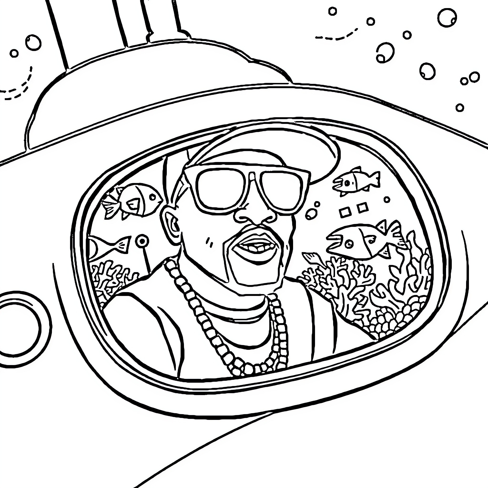 MC Hammer's Underwater Adventure Coloring Page (free black-and-white line drawing printable PDF for all, from beginners to advanced learners, including children, teens, adults, and seniors)