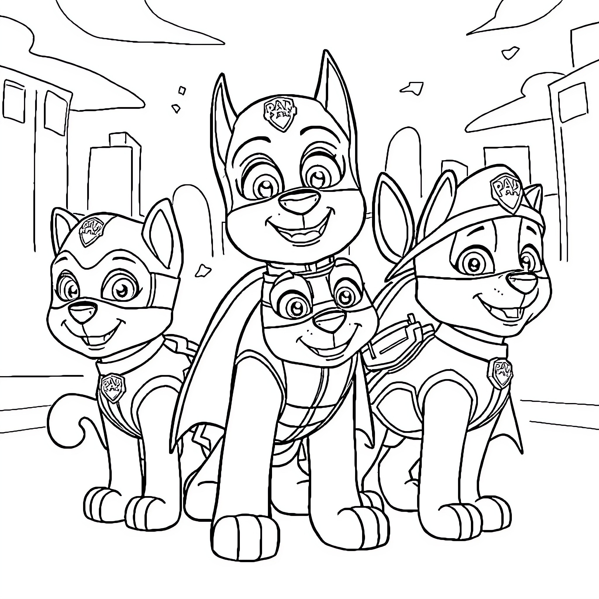 Batman and the Paw Patrol Pups on Patrol Coloring Page (free black-and-white line drawing printable PDF for all, from beginners to advanced learners, including children, teens, adults, and seniors)