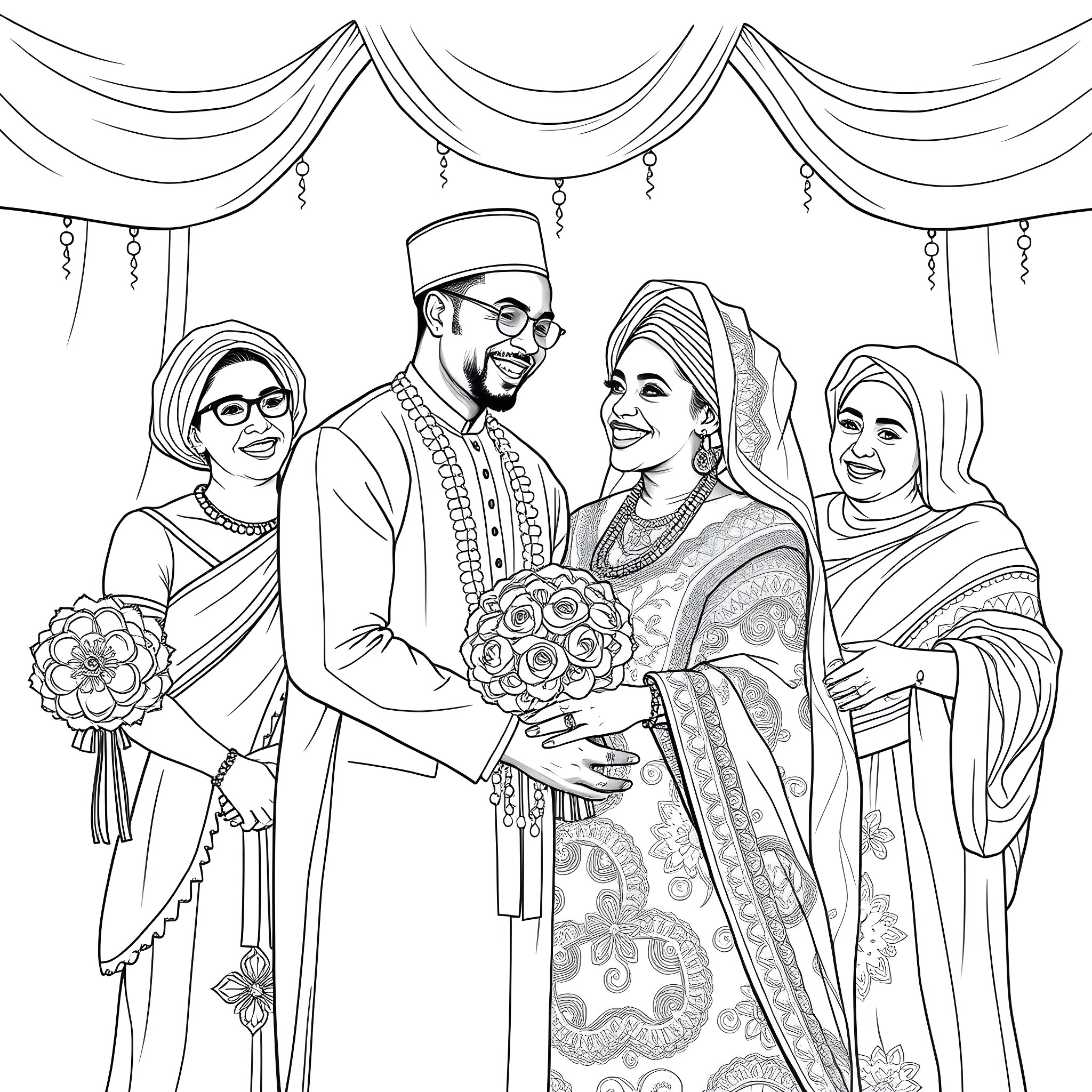 Couple celebrating a traditional wedding ceremony Coloring Page (free black-and-white line drawing printable PDF for all, from beginners to advanced learners, including children, teens, adults, and seniors)