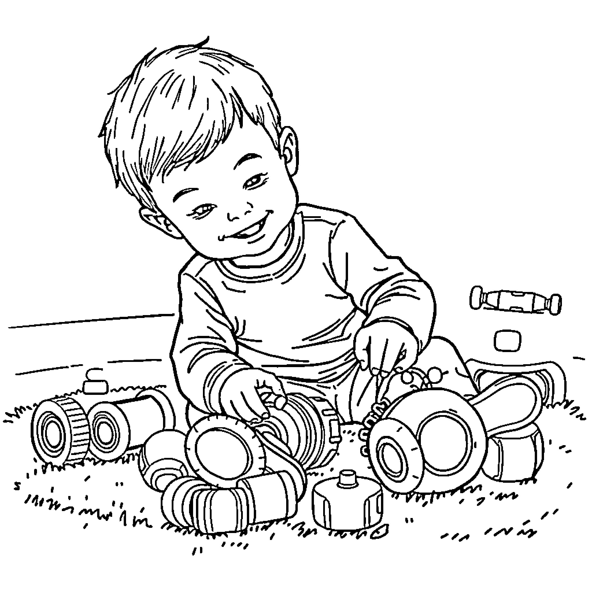 Luca playing with toy cars and trucks Coloring Page (free black-and-white line drawing printable PDF for all, from beginners to advanced learners, including children, teens, adults, and seniors)