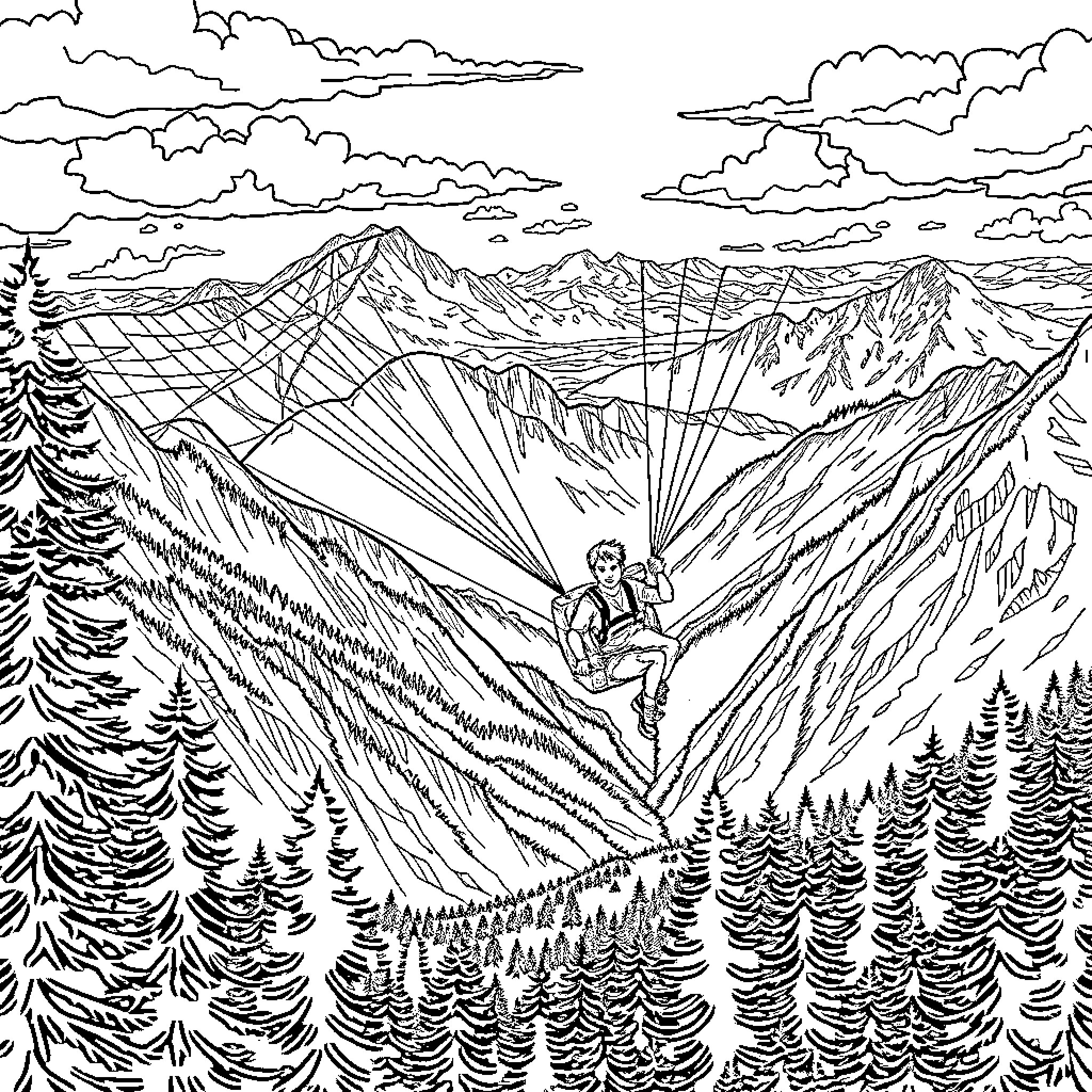 Paramotor soaring over dramatic mountain landscapes Coloring Page (free black-and-white line drawing printable PDF for all, from beginners to advanced learners, including children, teens, adults, and seniors)