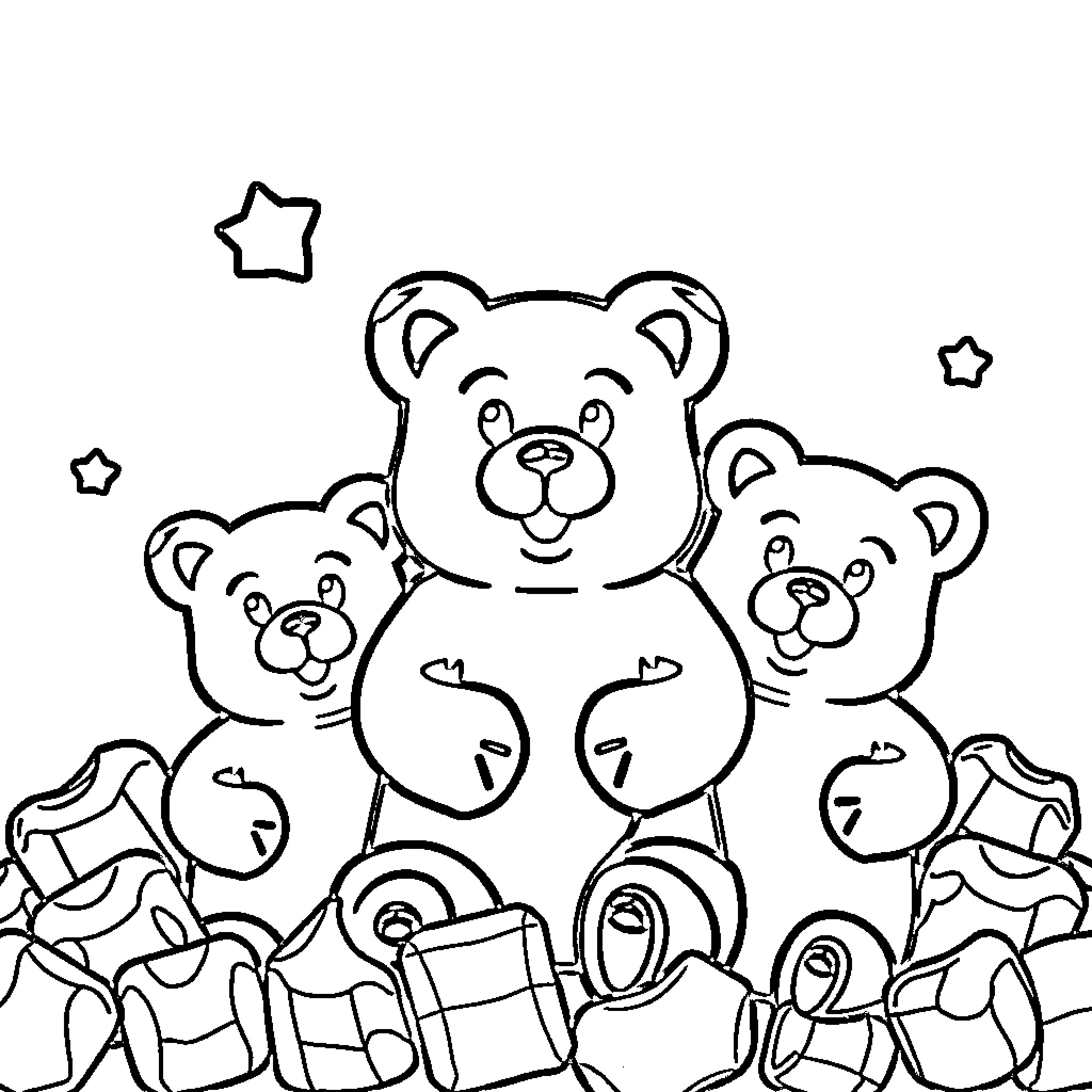 Gummy Bear Family Playing with Toys Coloring Page (free black-and-white line drawing printable PDF for all, from beginners to advanced learners, including children, teens, adults, and seniors)