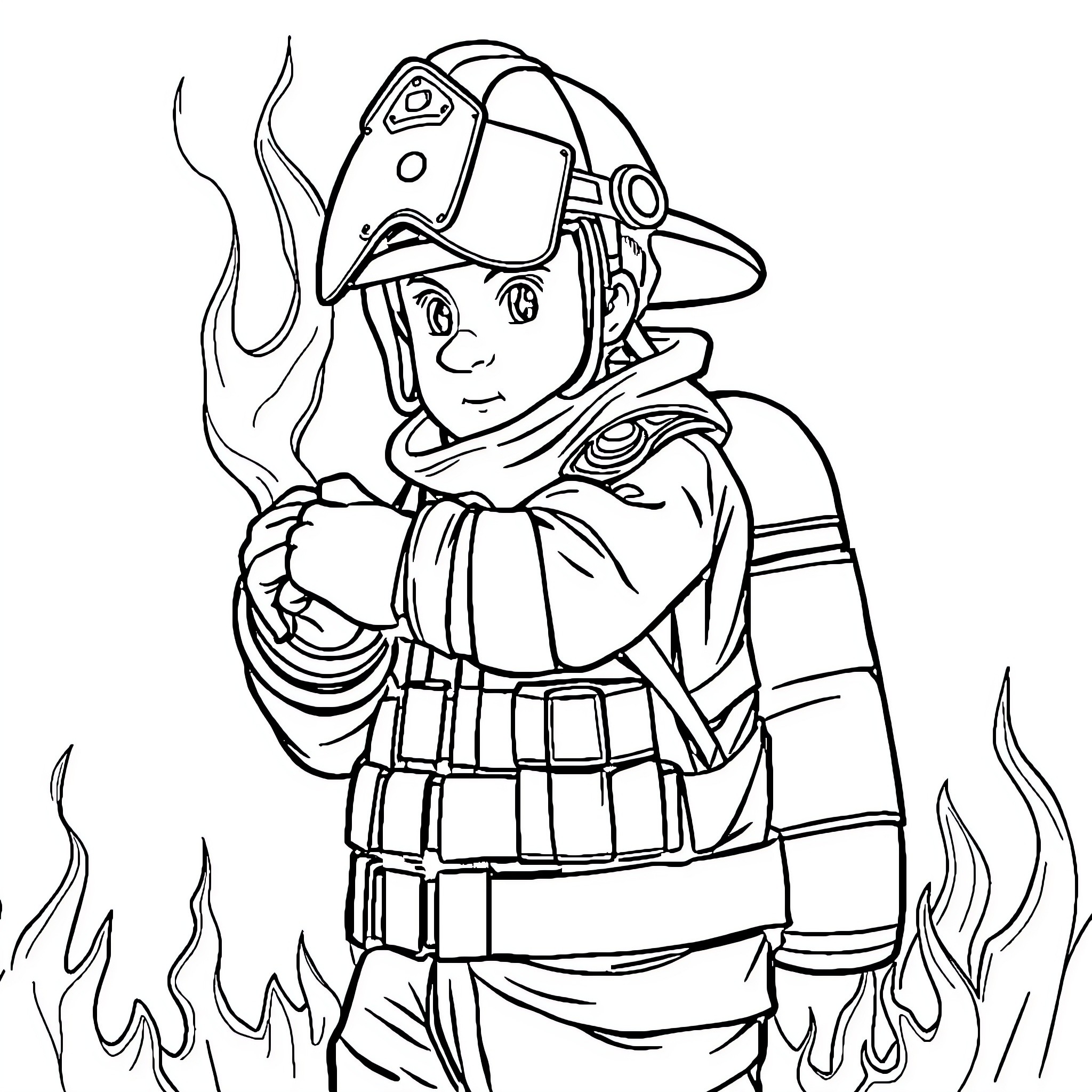 Firefighter battling blaze with determination Coloring Page (free black-and-white line drawing printable PDF for all, from beginners to advanced learners, including children, teens, adults, and seniors)