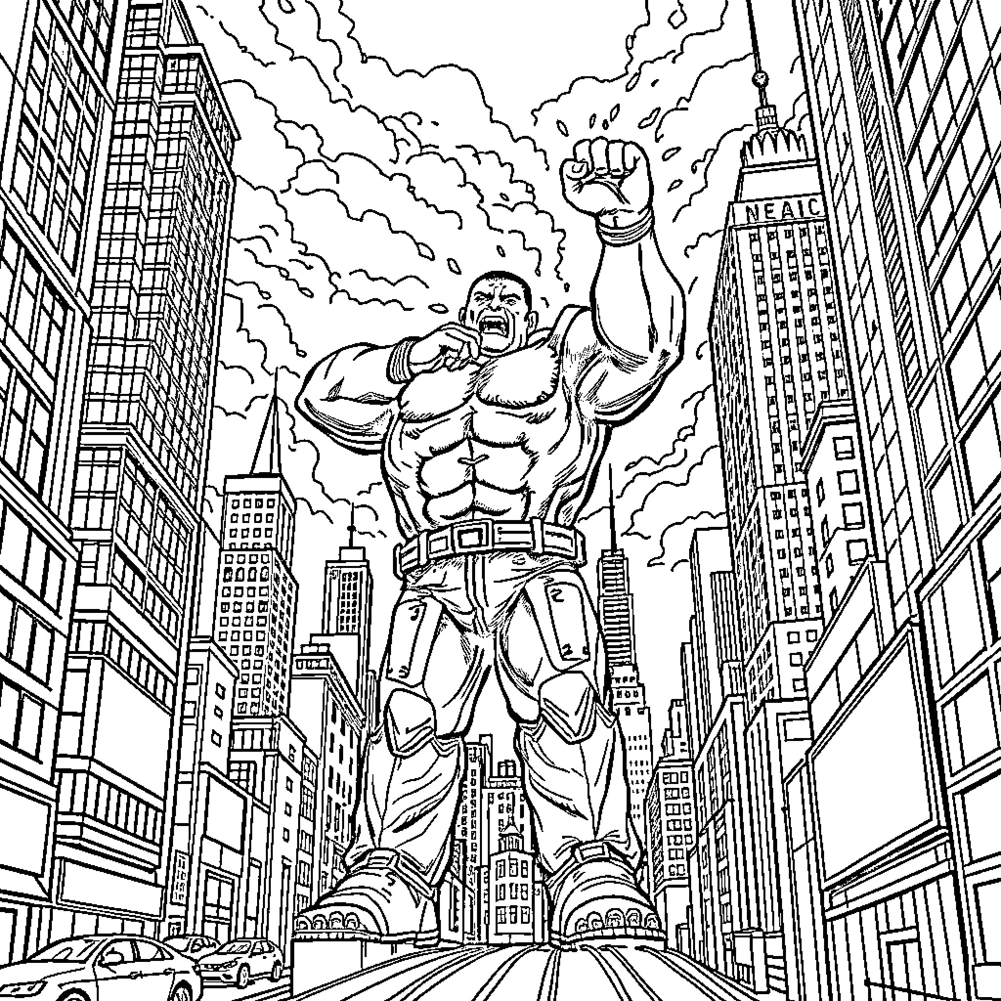 Giant Superhero Towers Over City Skyline Coloring Page (free black-and-white line drawing printable PDF for all, from beginners to advanced learners, including children, teens, adults, and seniors)