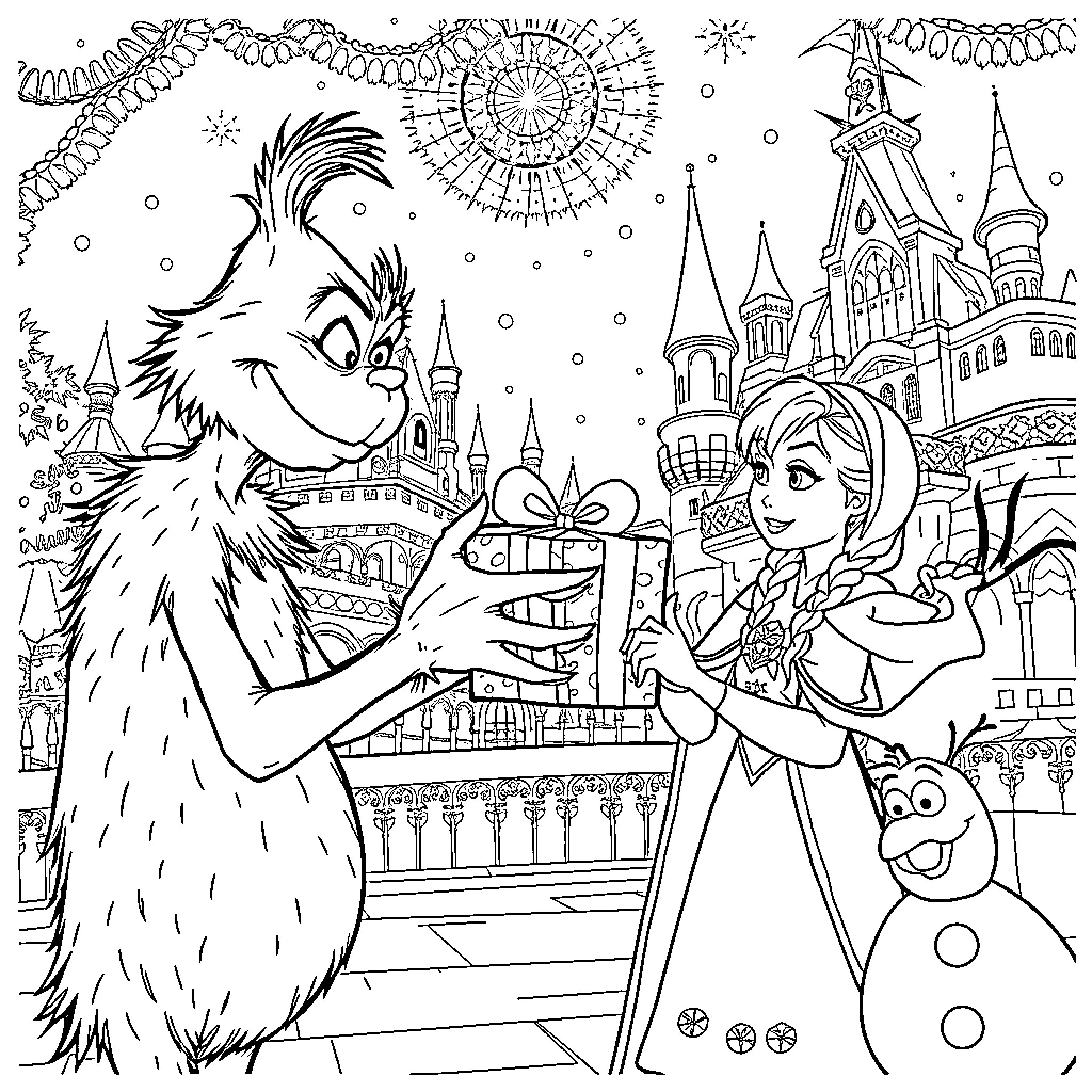 Grinch's Festive Encounter at the Winter Wonderland Coloring Page (free black-and-white line drawing printable PDF for all, from beginners to advanced learners, including children, teens, adults, and seniors)