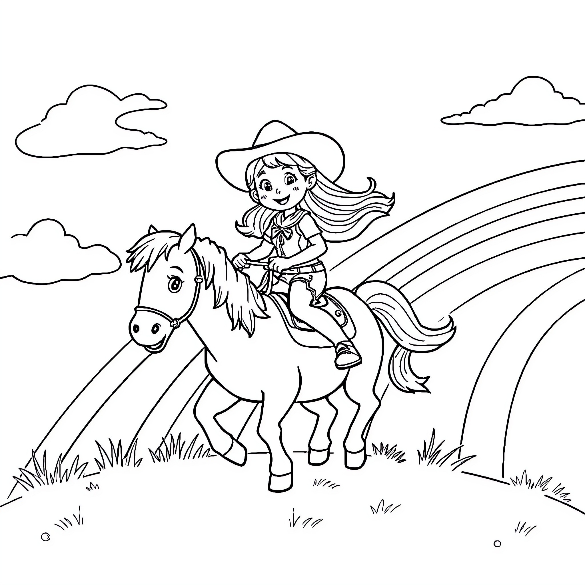 Cowgirl riding horse through the countryside Coloring Page (free black-and-white line drawing printable PDF for all, from beginners to advanced learners, including children, teens, adults, and seniors)
