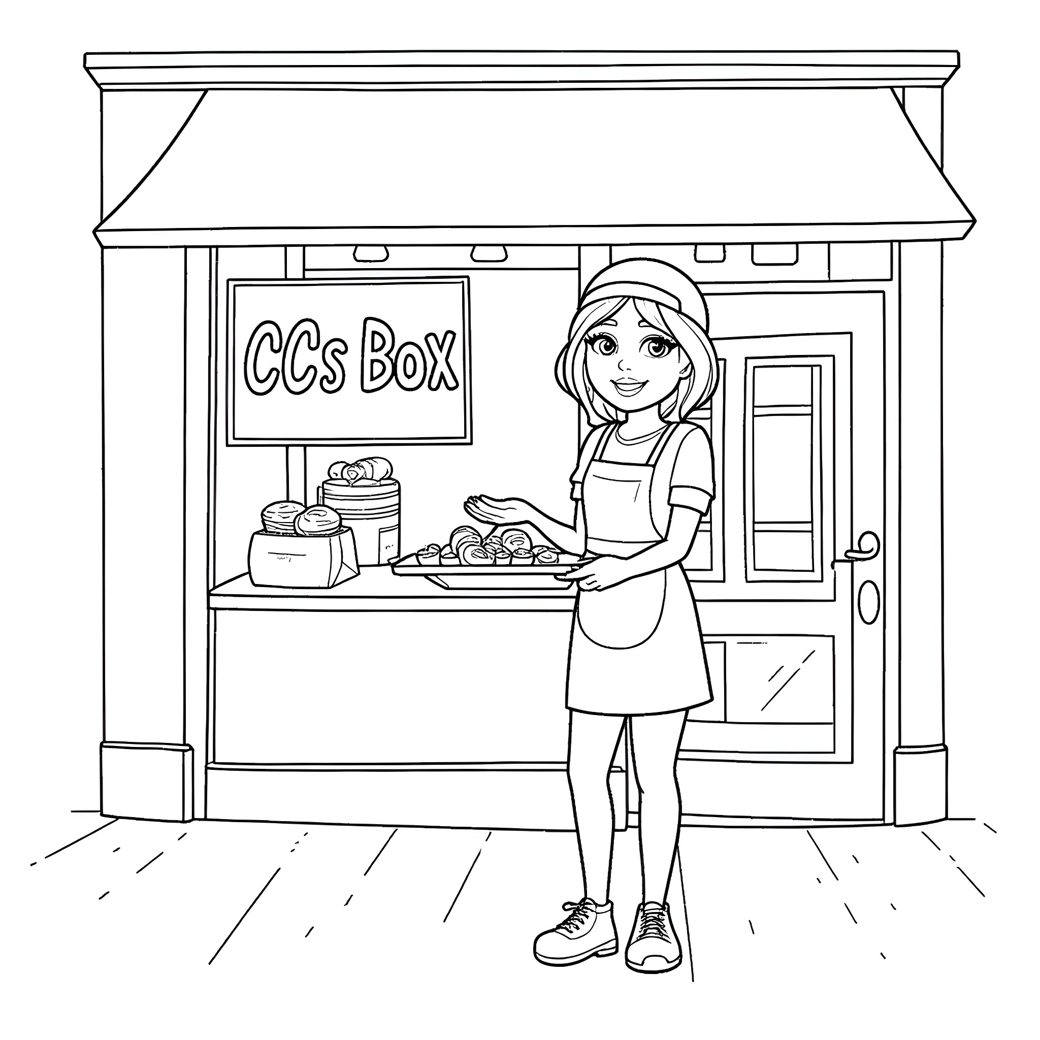 Teenage Baker Runs a Bakery Shop Coloring Page (free black-and-white line drawing printable PDF for all, from beginners to advanced learners, including children, teens, adults, and seniors)