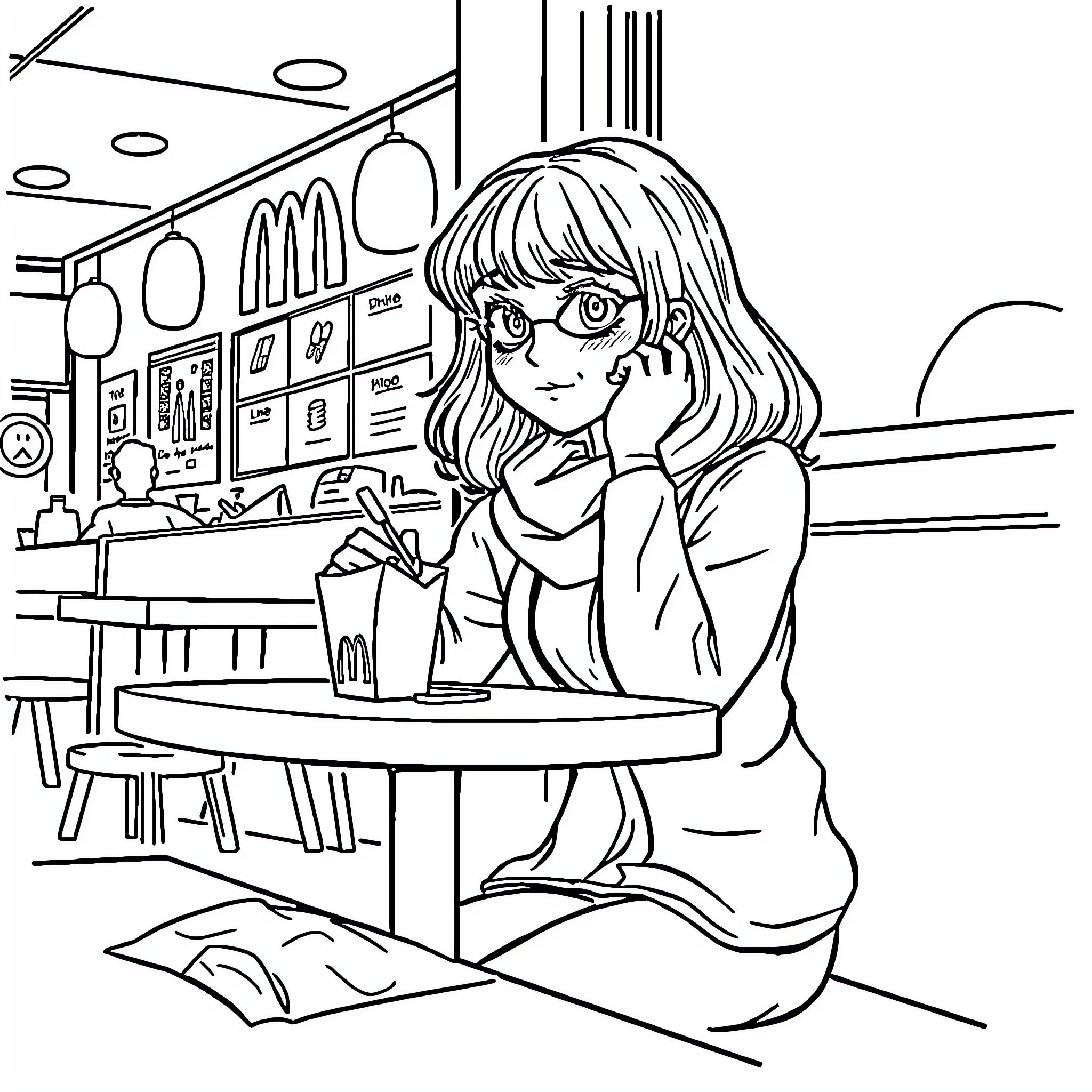 Hermione Granger studying intently in the library Coloring Page (free black-and-white line drawing printable PDF for all, from beginners to advanced learners, including children, teens, adults, and seniors)