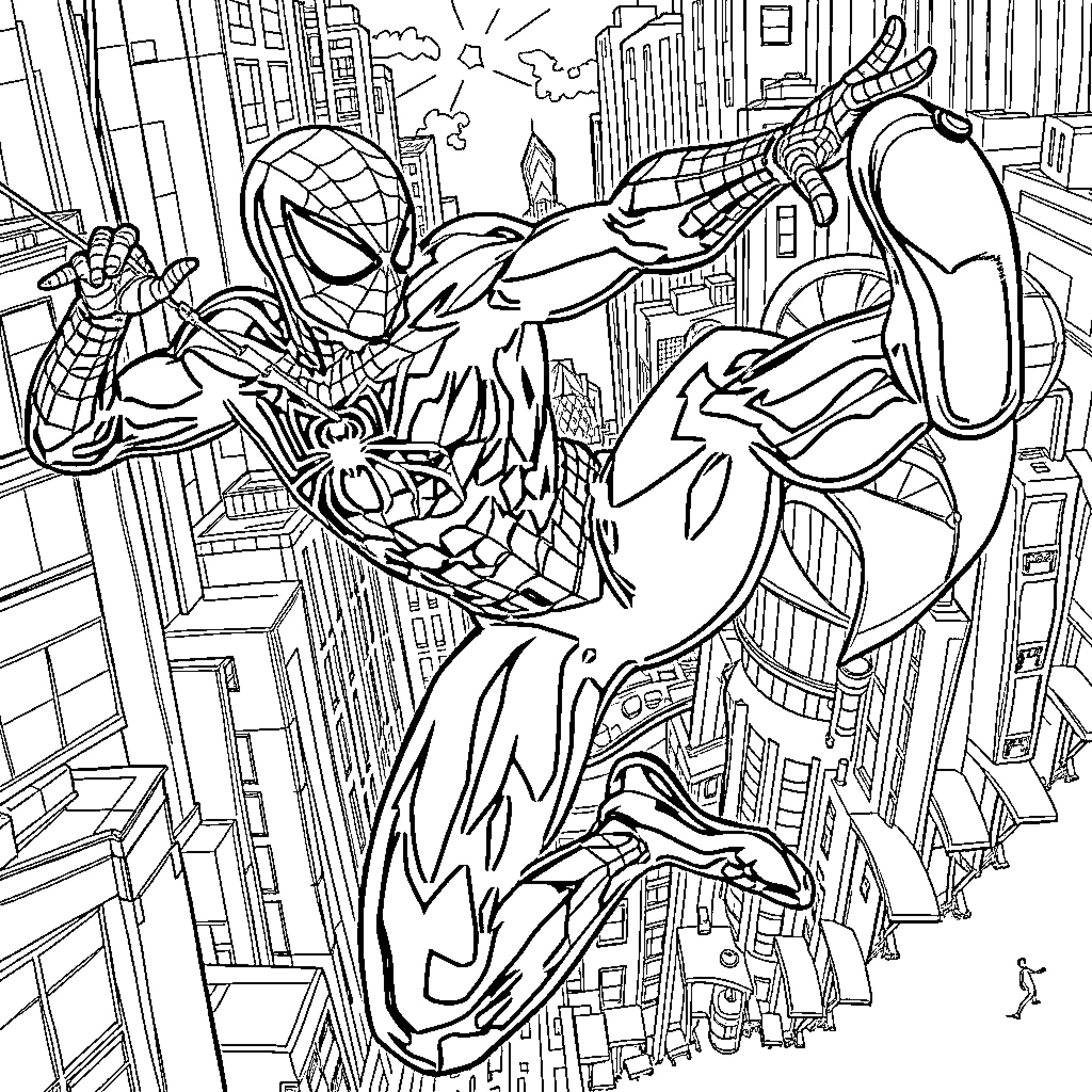 Spider-Man swinging through the city skyline Coloring Page (free black-and-white line drawing printable PDF for all, from beginners to advanced learners, including children, teens, adults, and seniors)
