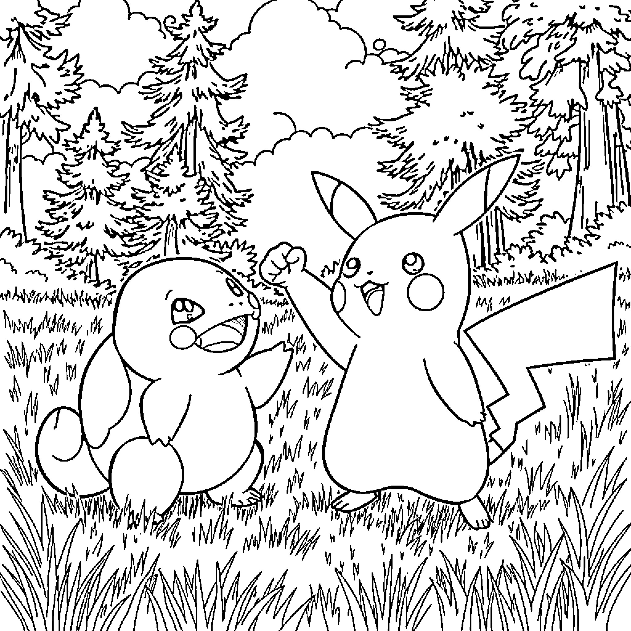 Pikachu and Squirtle playing in the forest Coloring Page (free black-and-white line drawing printable PDF for all, from beginners to advanced learners, including children, teens, adults, and seniors)