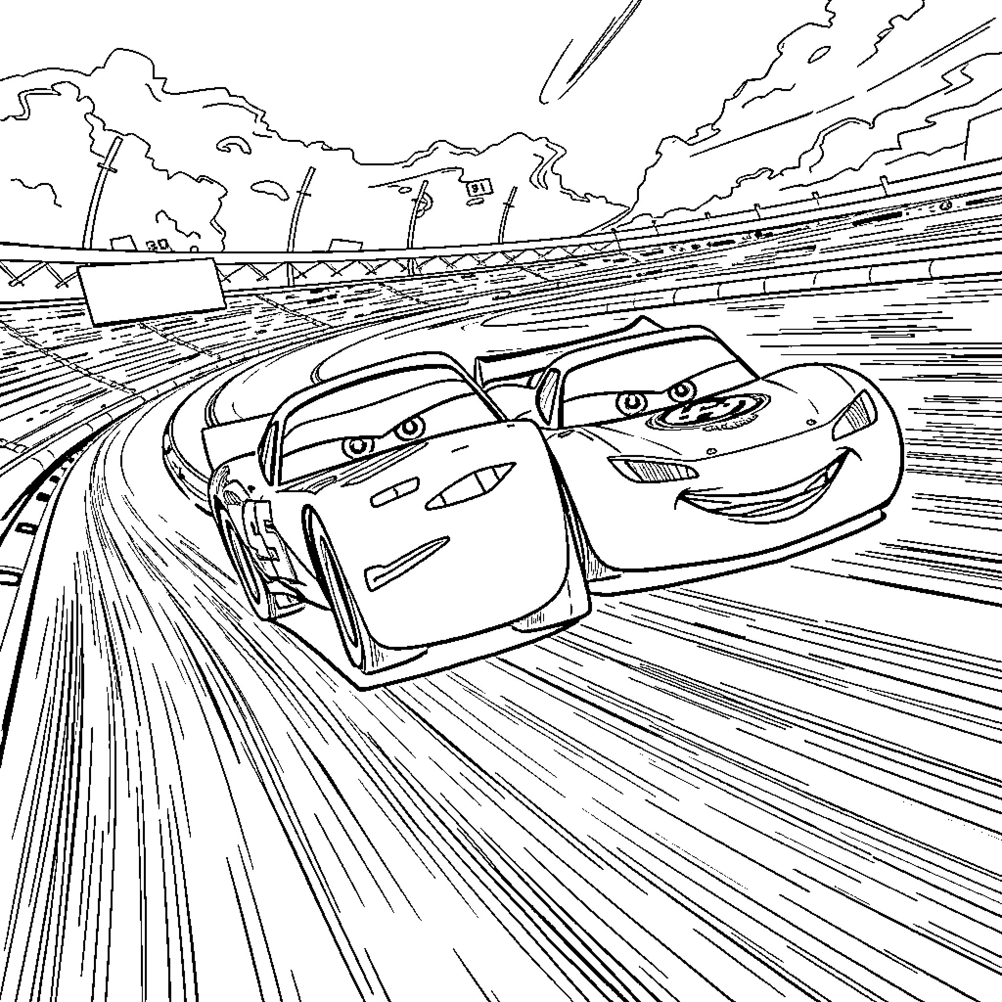 Lightning McQueen Racing with Friends on the Track Coloring Page (free black-and-white line drawing printable PDF for all, from beginners to advanced learners, including children, teens, adults, and seniors)
