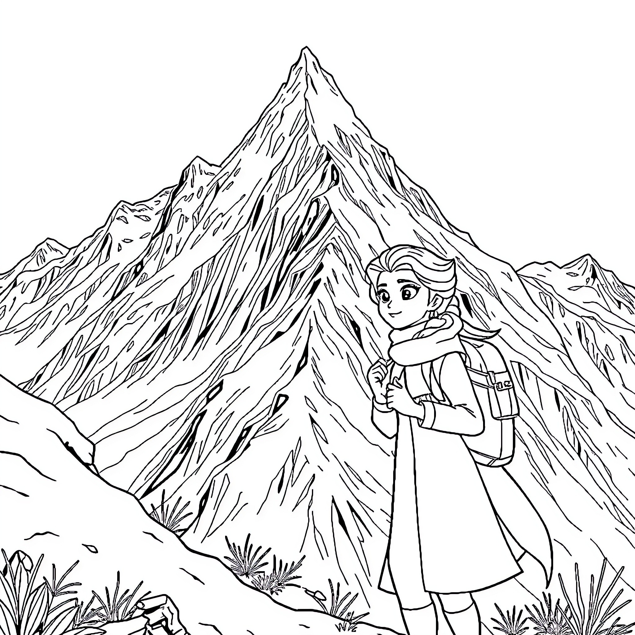 Elsa's Mountain Adventure Coloring Page (free black-and-white line drawing printable PDF for all, from beginners to advanced learners, including children, teens, adults, and seniors)