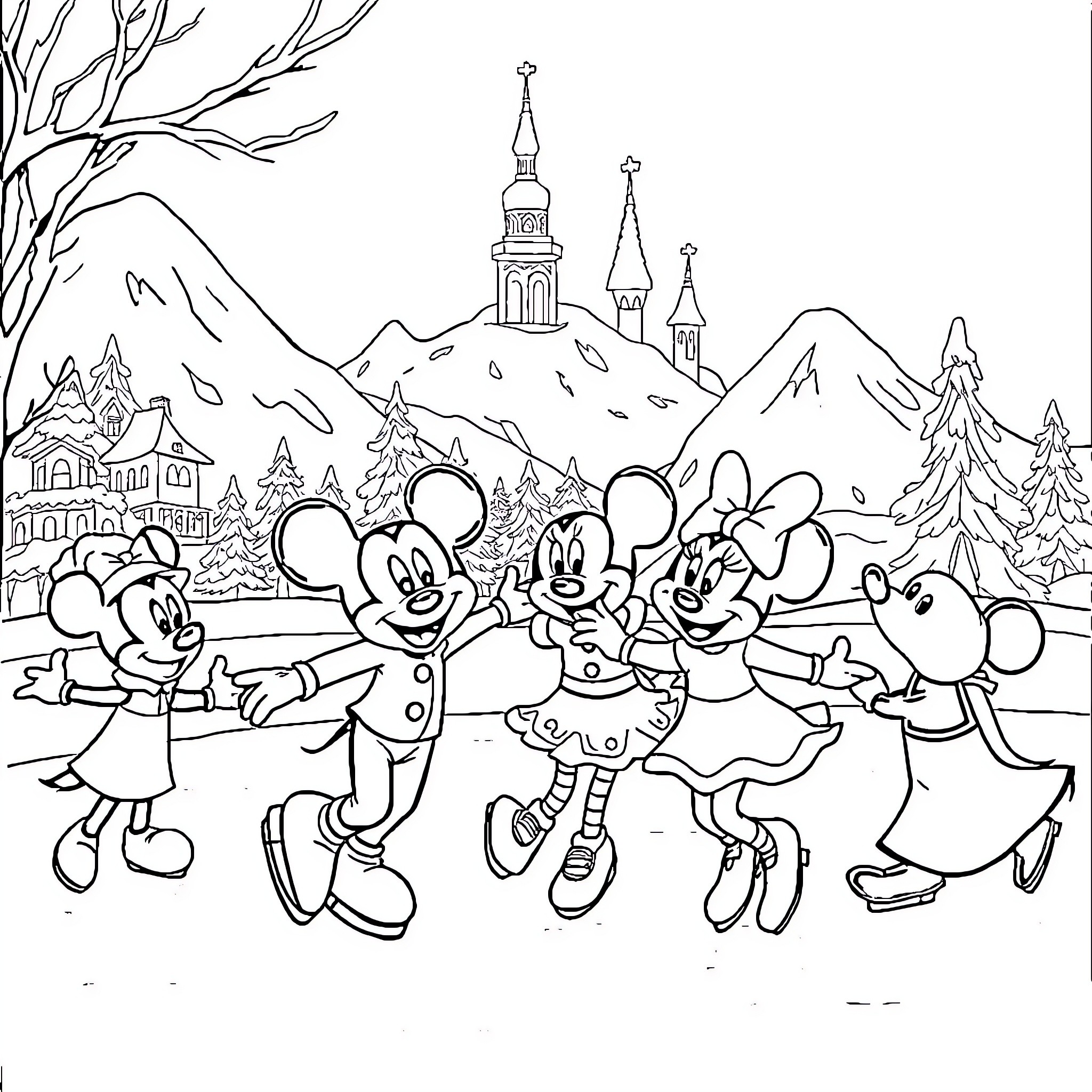 Disney Characters Enjoying Winter Wonderland Celebration Coloring Page (free black-and-white line drawing printable PDF for all, from beginners to advanced learners, including children, teens, adults, and seniors)