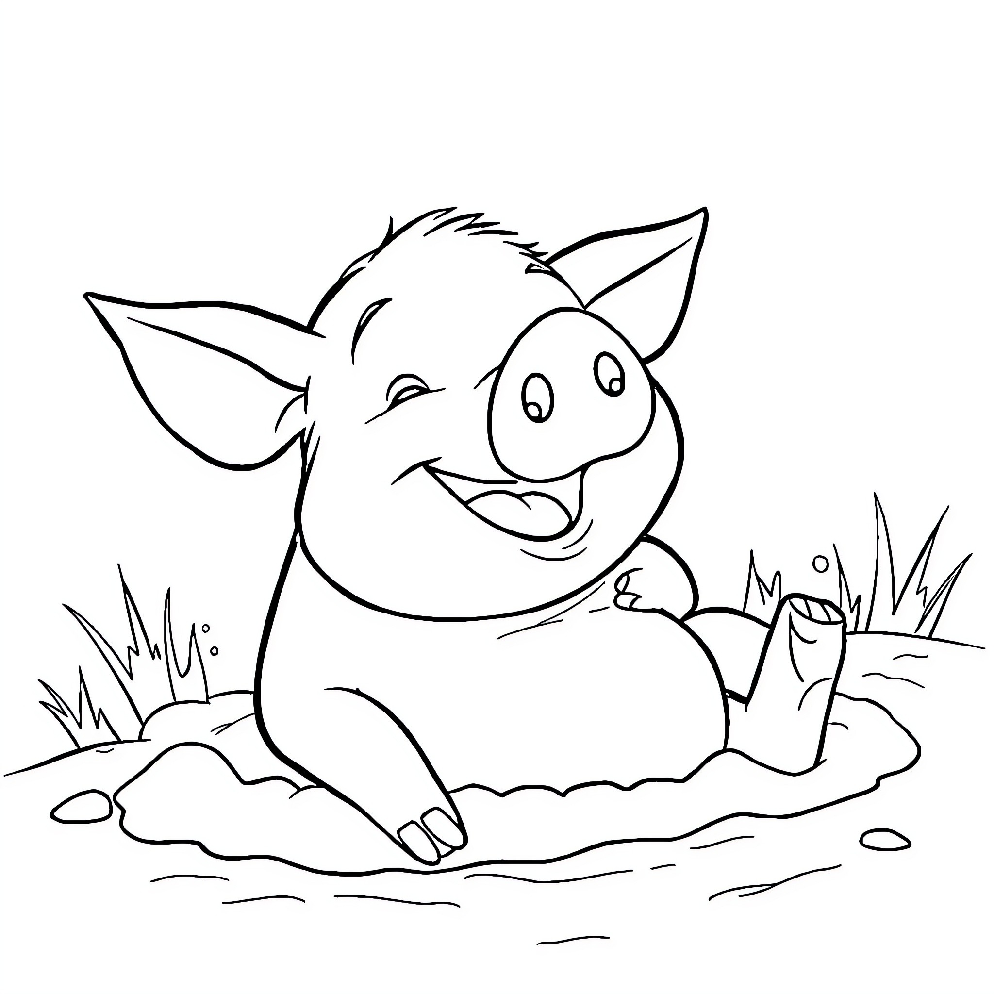 Pig playing in the mud happily Coloring Page (free black-and-white line drawing printable PDF for all, from beginners to advanced learners, including children, teens, adults, and seniors)