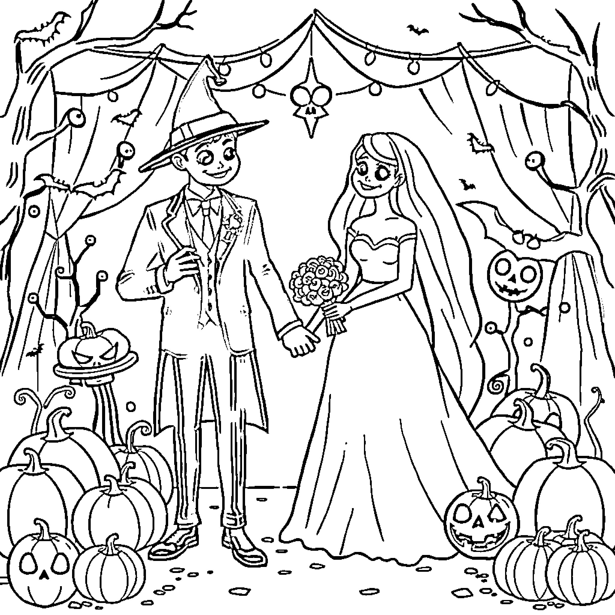 Halloween wedding celebration in spooky forest Coloring Page (free black-and-white line drawing printable PDF for all, from beginners to advanced learners, including children, teens, adults, and seniors)