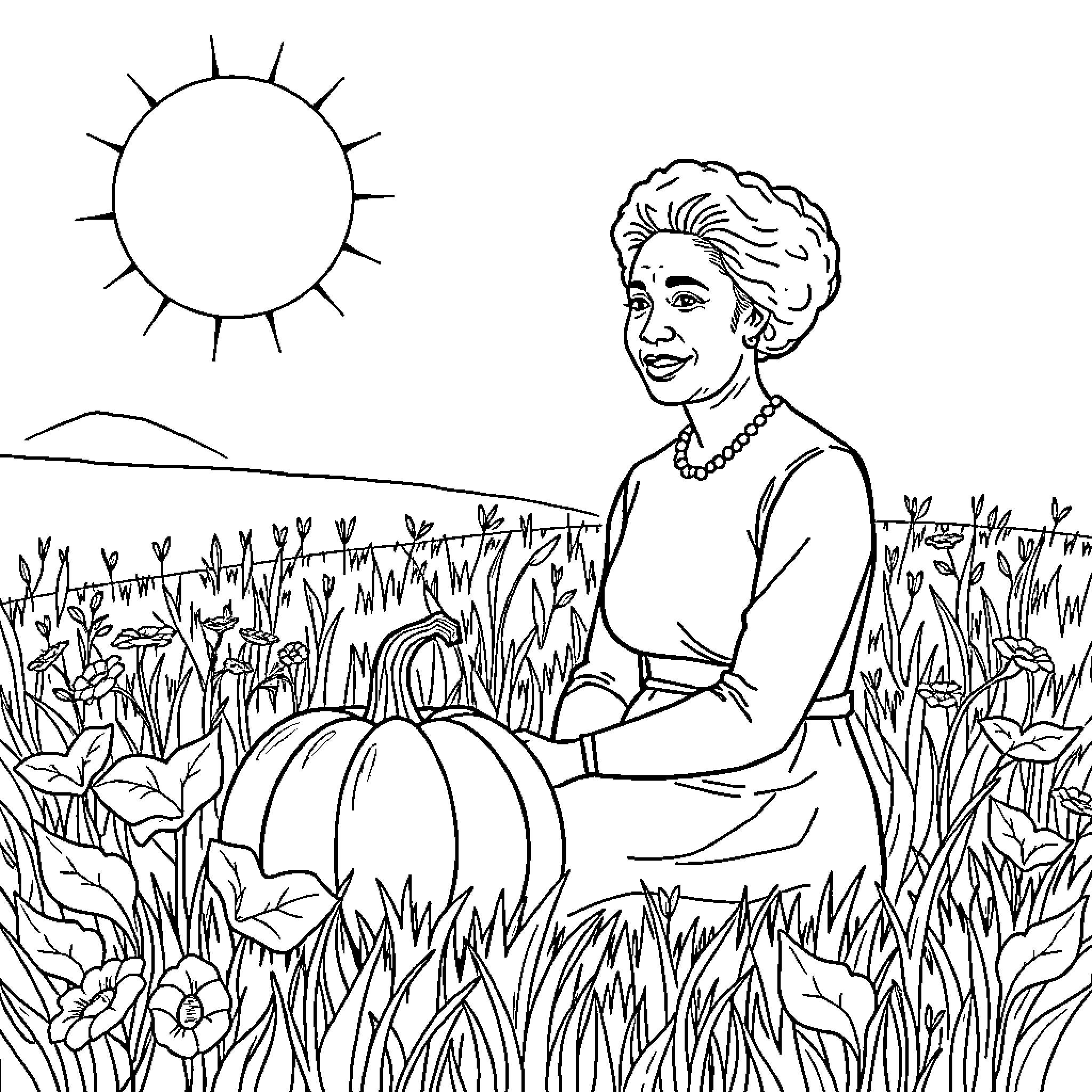 Rosa Parks enjoying a sunny day in the garden Coloring Page (free black-and-white line drawing printable PDF for all, from beginners to advanced learners, including children, teens, adults, and seniors)