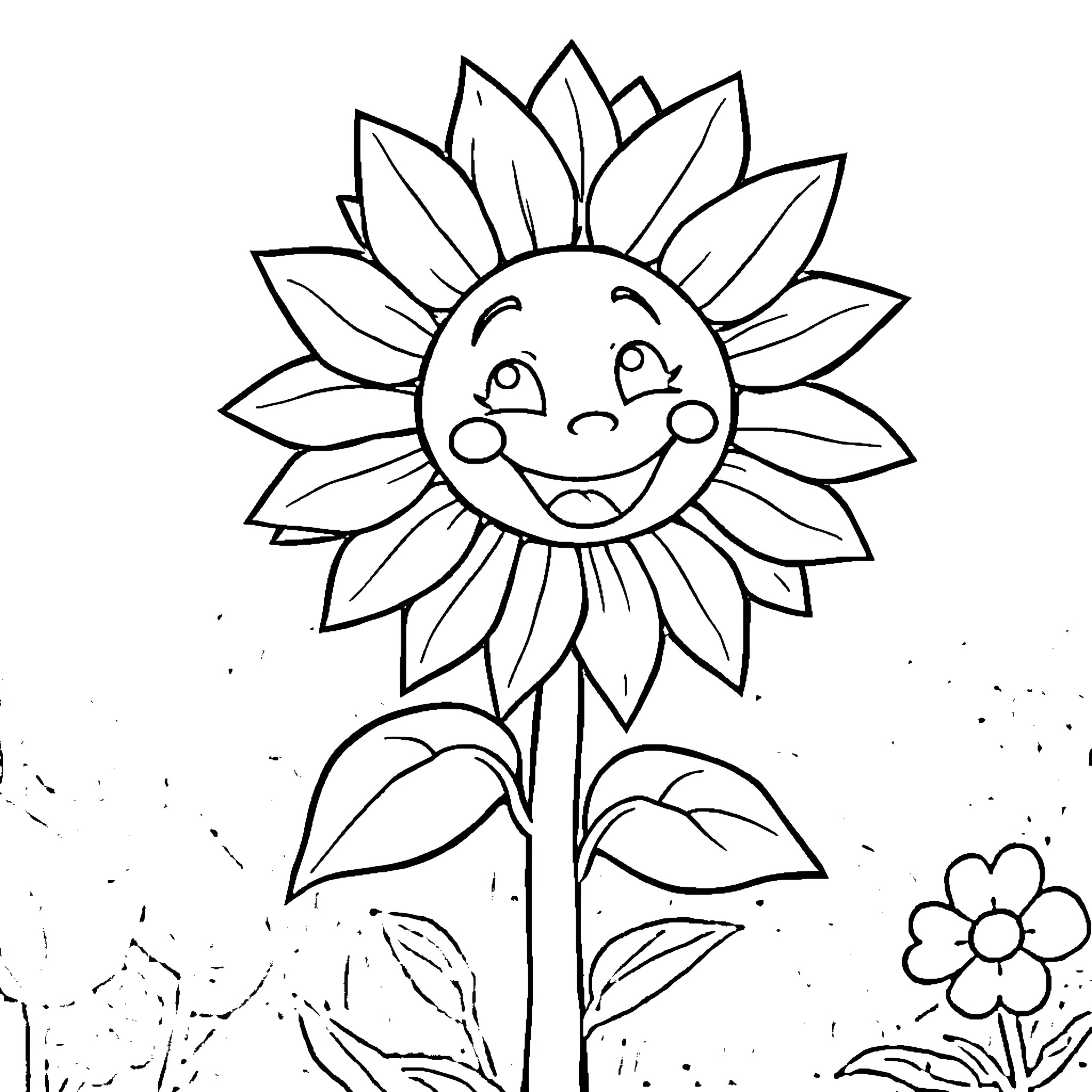 Sunflower with a cheerful expression Coloring Page (free black-and-white line drawing printable PDF for all, from beginners to advanced learners, including children, teens, adults, and seniors)