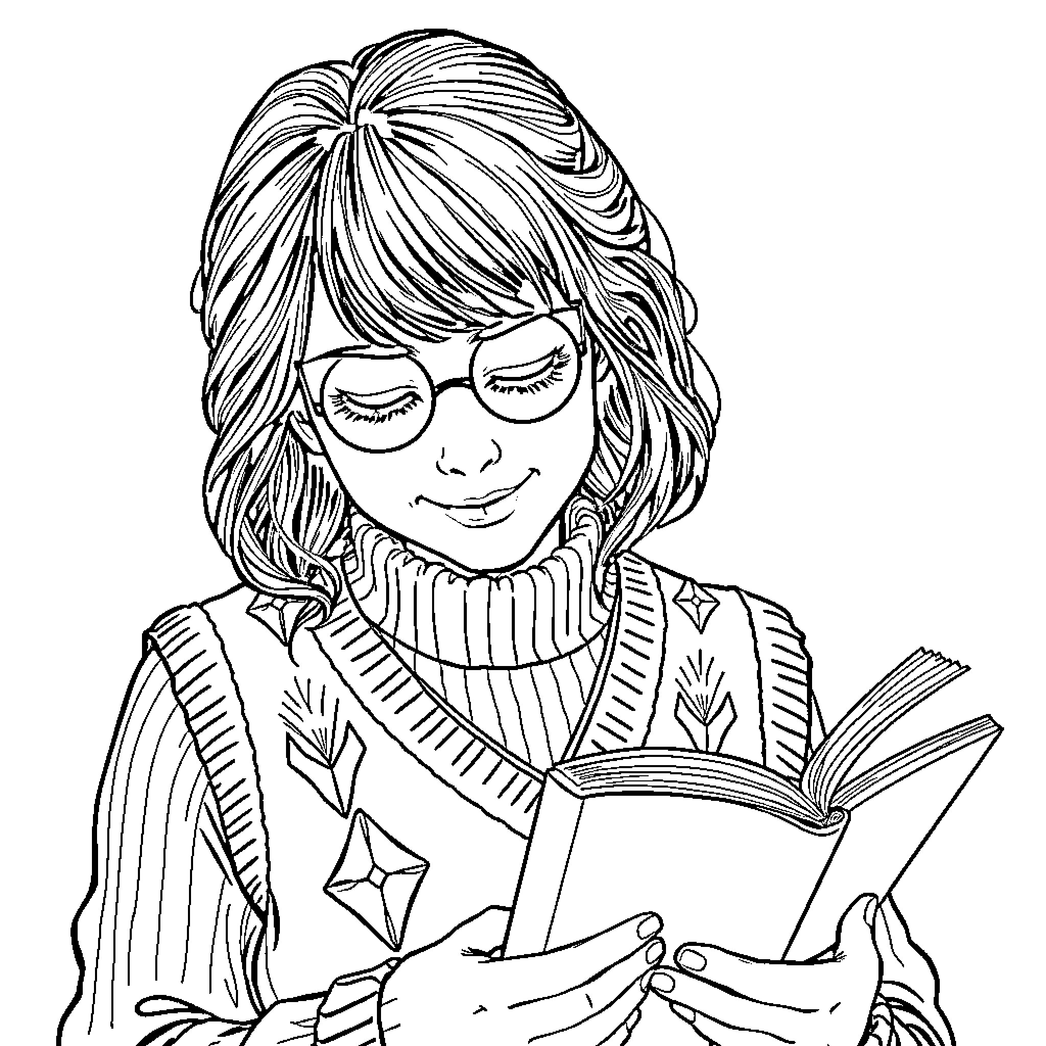 Hermione Granger reading a book with a warm smile Coloring Page (free black-and-white line drawing printable PDF for all, from beginners to advanced learners, including children, teens, adults, and seniors)