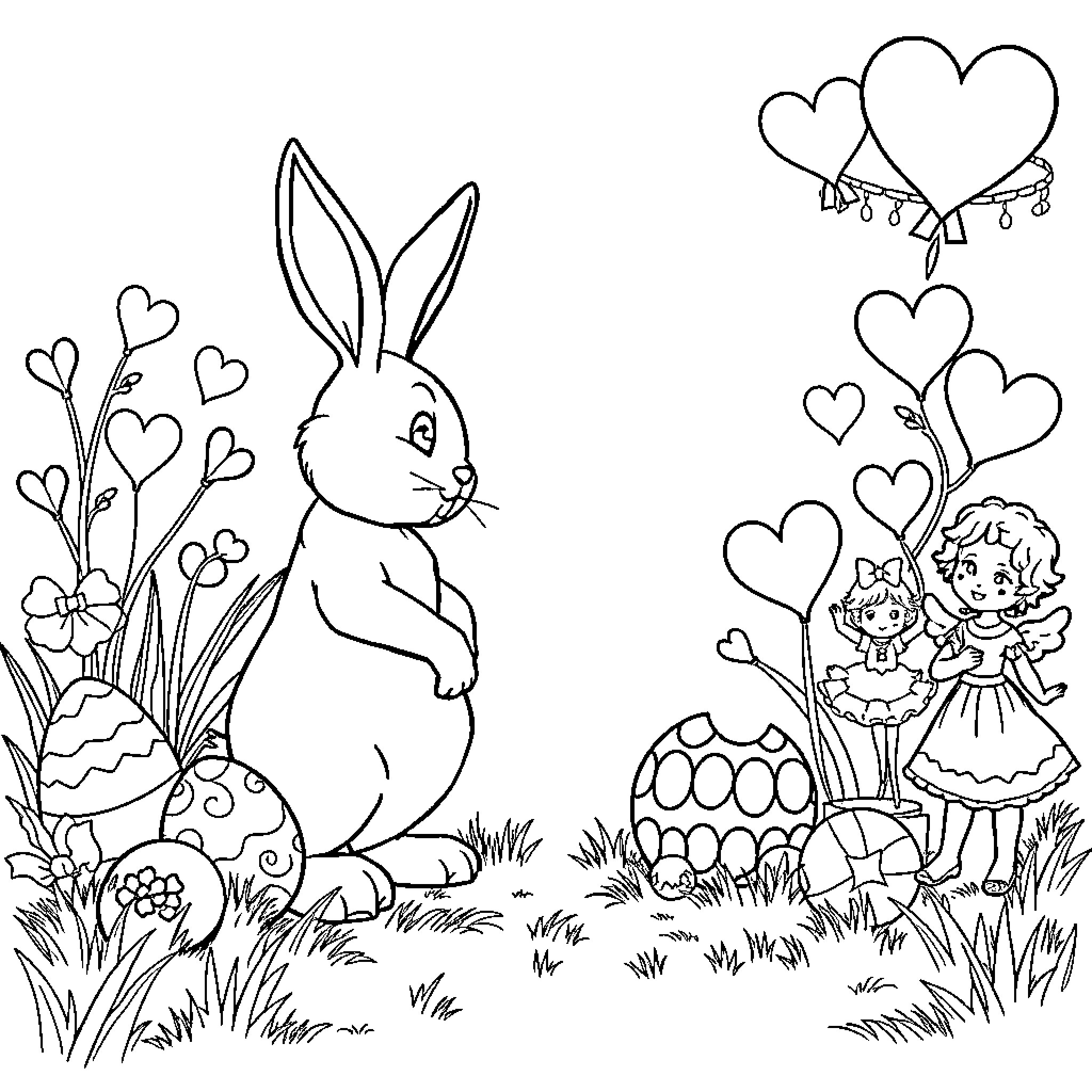Easter Bunny enjoying springtime with kids and decorations Coloring Page (free black-and-white line drawing printable PDF for all, from beginners to advanced learners, including children, teens, adults, and seniors)
