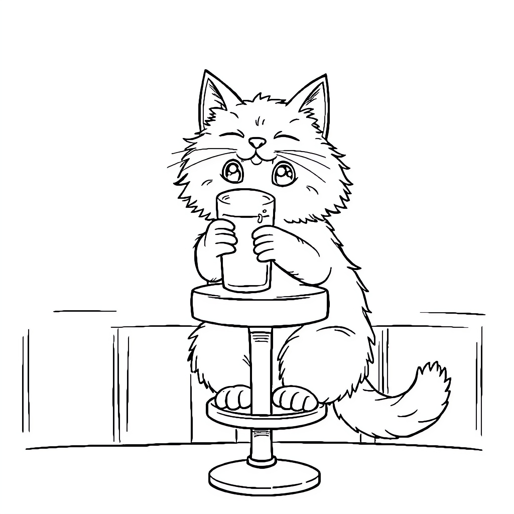 Cat enjoying a milkshake at the bar Coloring Page (free black-and-white line drawing printable PDF for all, from beginners to advanced learners, including children, teens, adults, and seniors)