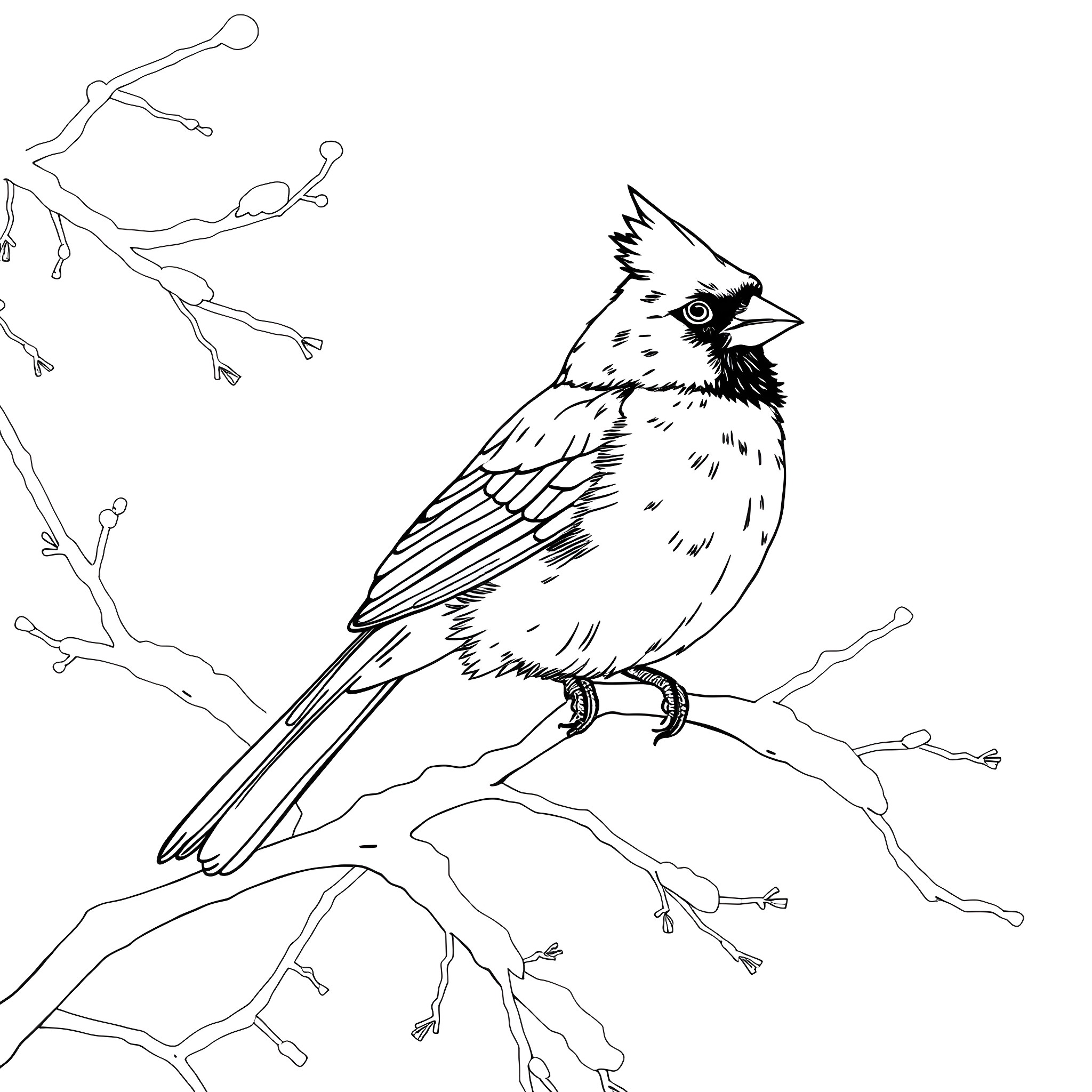 Cardinal perching on a branch Coloring Page (free black-and-white line drawing printable PDF for all, from beginners to advanced learners, including children, teens, adults, and seniors)