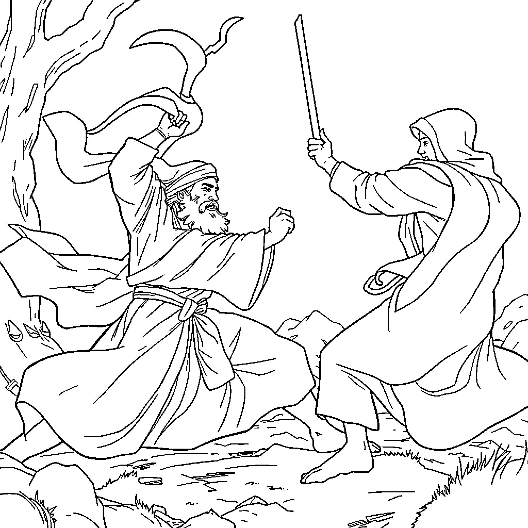 Rumi - Spiritual Encounter in the Wilderness Coloring Page (free black-and-white line drawing printable PDF for all, from beginners to advanced learners, including children, teens, adults, and seniors)