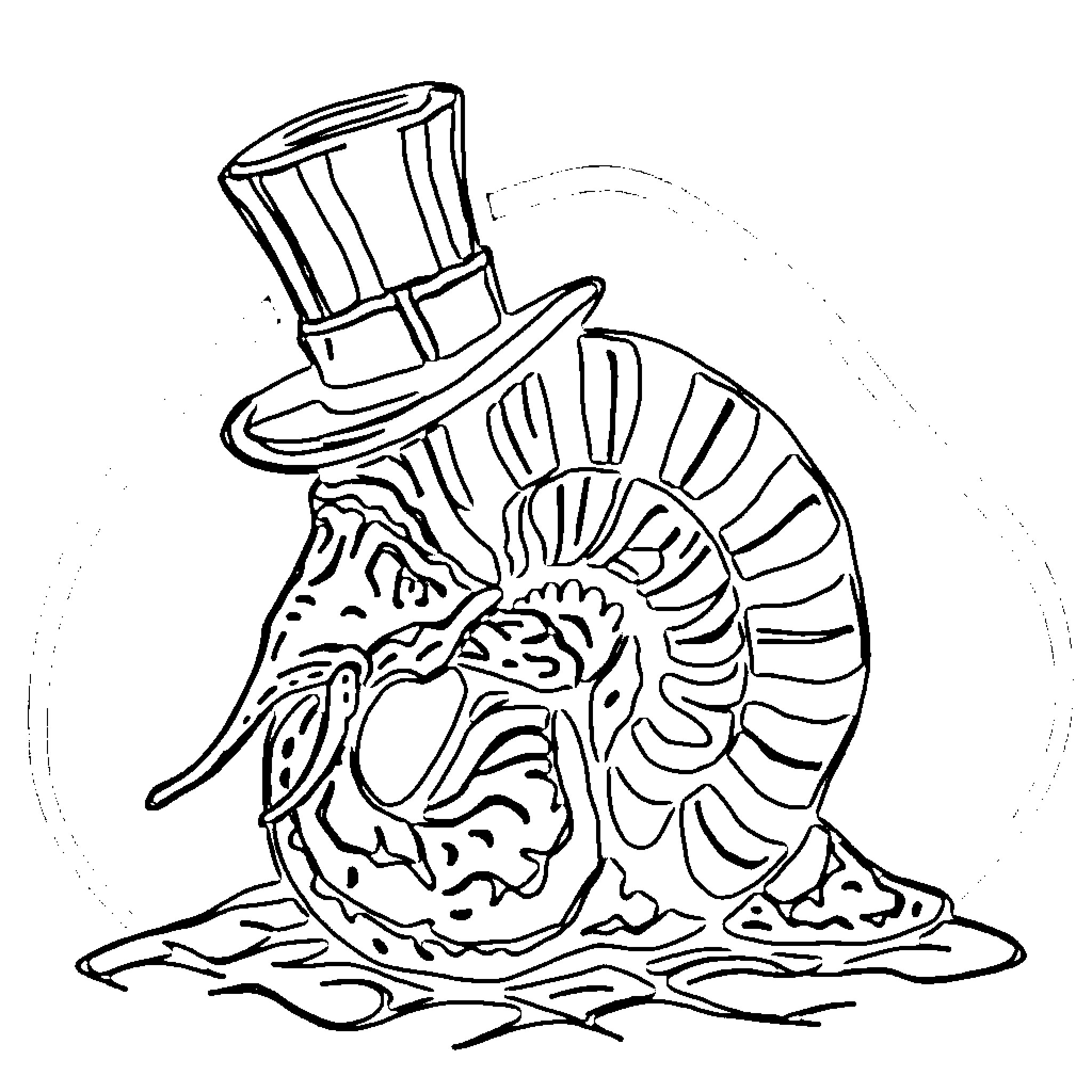 Ammonite wearing a top hat and splashing in water Coloring Page (free black-and-white line drawing printable PDF for all, from beginners to advanced learners, including children, teens, adults, and seniors)