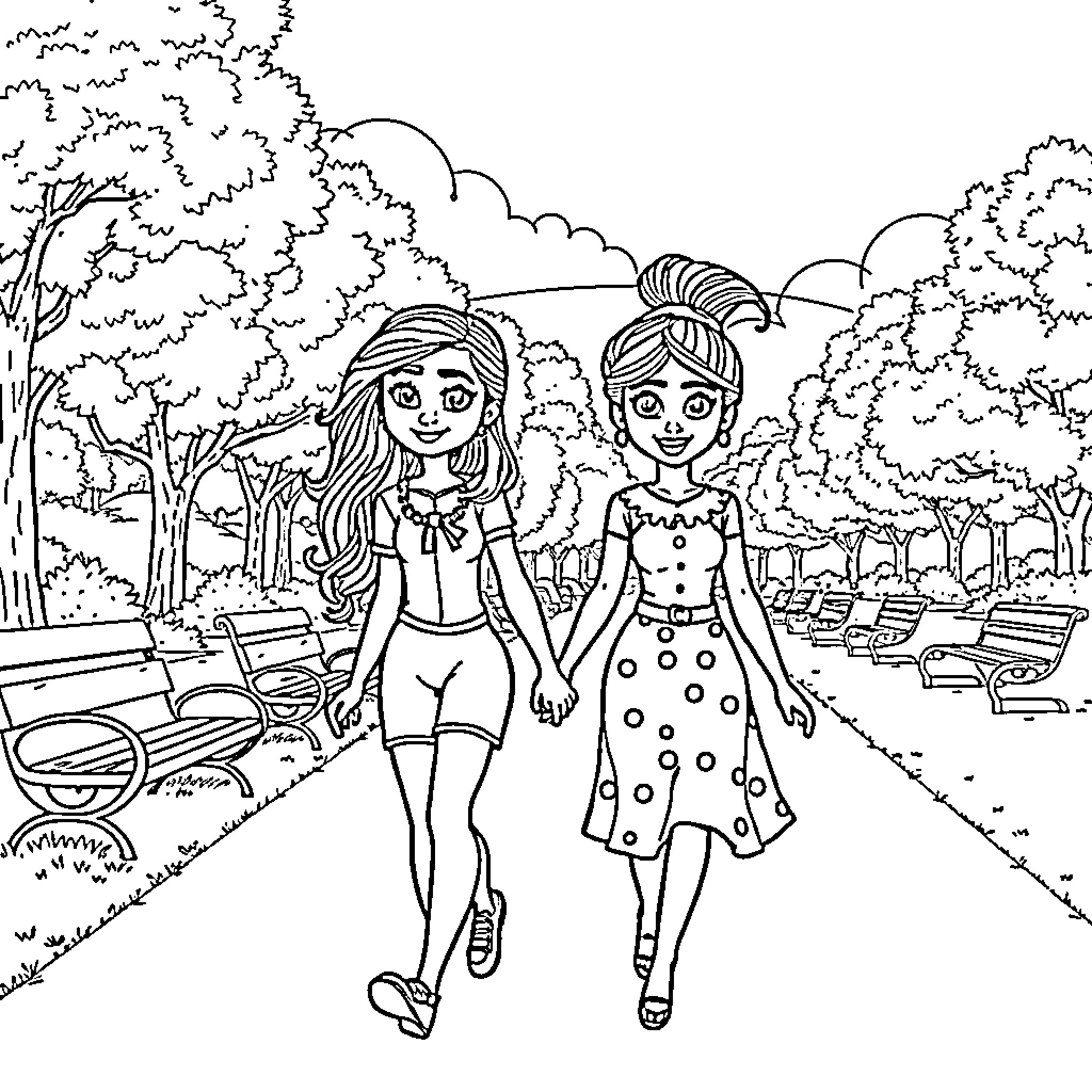 Evie walking hand in hand with a friend Coloring Page (free black-and-white line drawing printable PDF for all, from beginners to advanced learners, including children, teens, adults, and seniors)