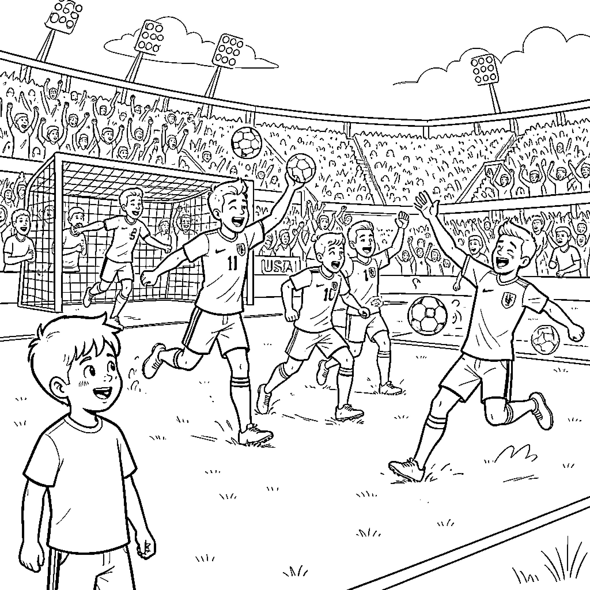 Belgium Soccer Team celebrating a goal in a crowded stadium Coloring Page (free black-and-white line drawing printable PDF for all, from beginners to advanced learners, including children, teens, adults, and seniors)