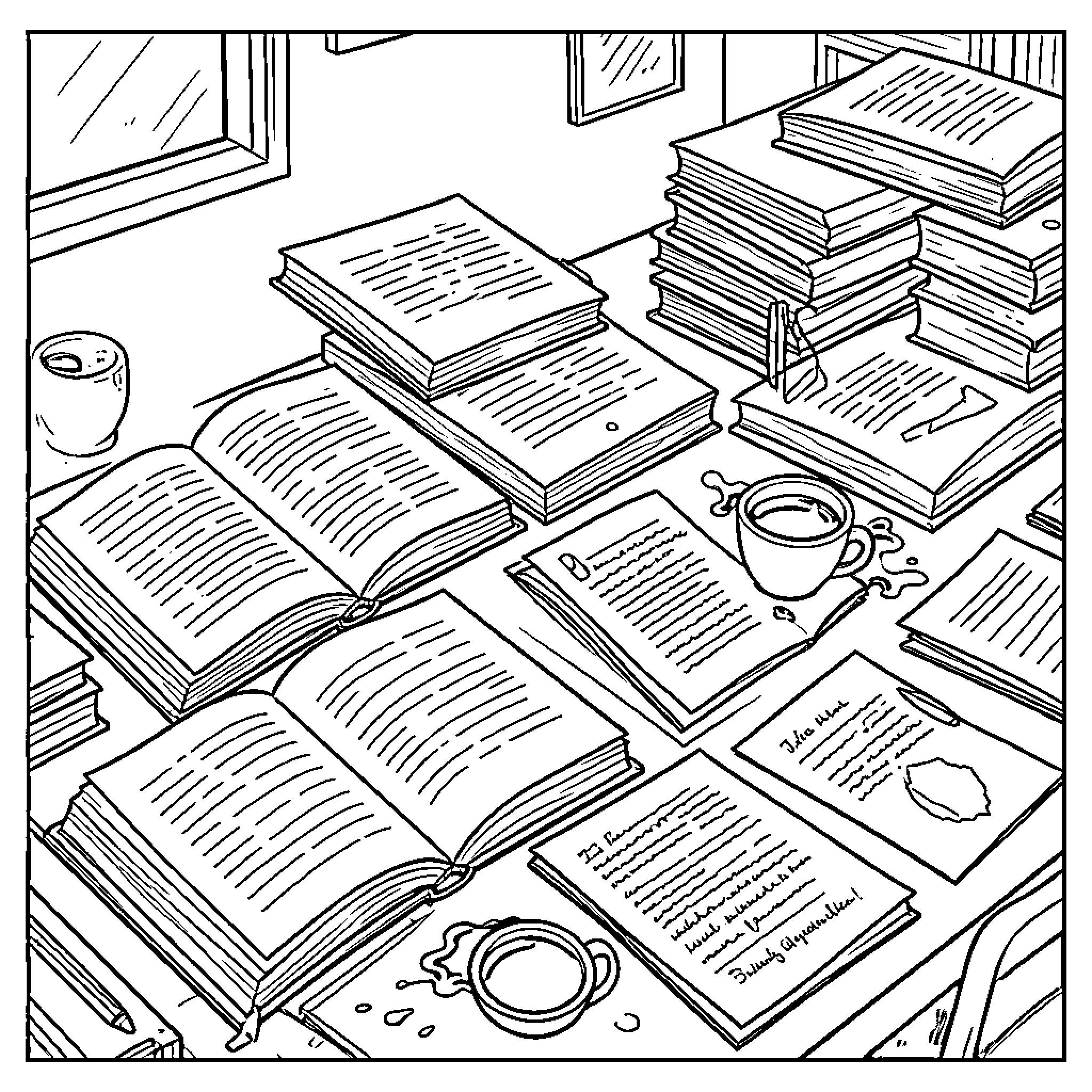 Desk filled with open books and coffee mug Coloring Page (free black-and-white line drawing printable PDF for all, from beginners to advanced learners, including children, teens, adults, and seniors)