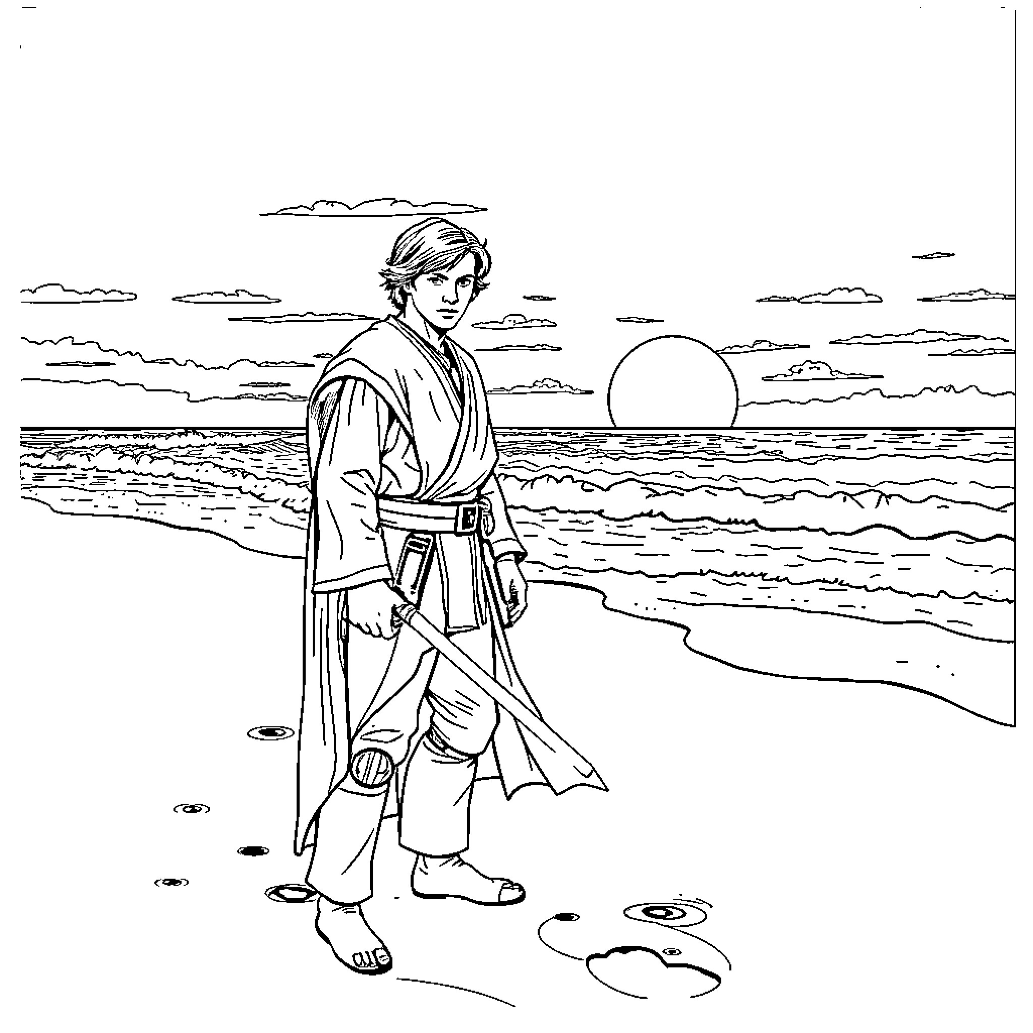 Luke Skywalker contemplating the sunset on a beach Coloring Page (free black-and-white line drawing printable PDF for all, from beginners to advanced learners, including children, teens, adults, and seniors)