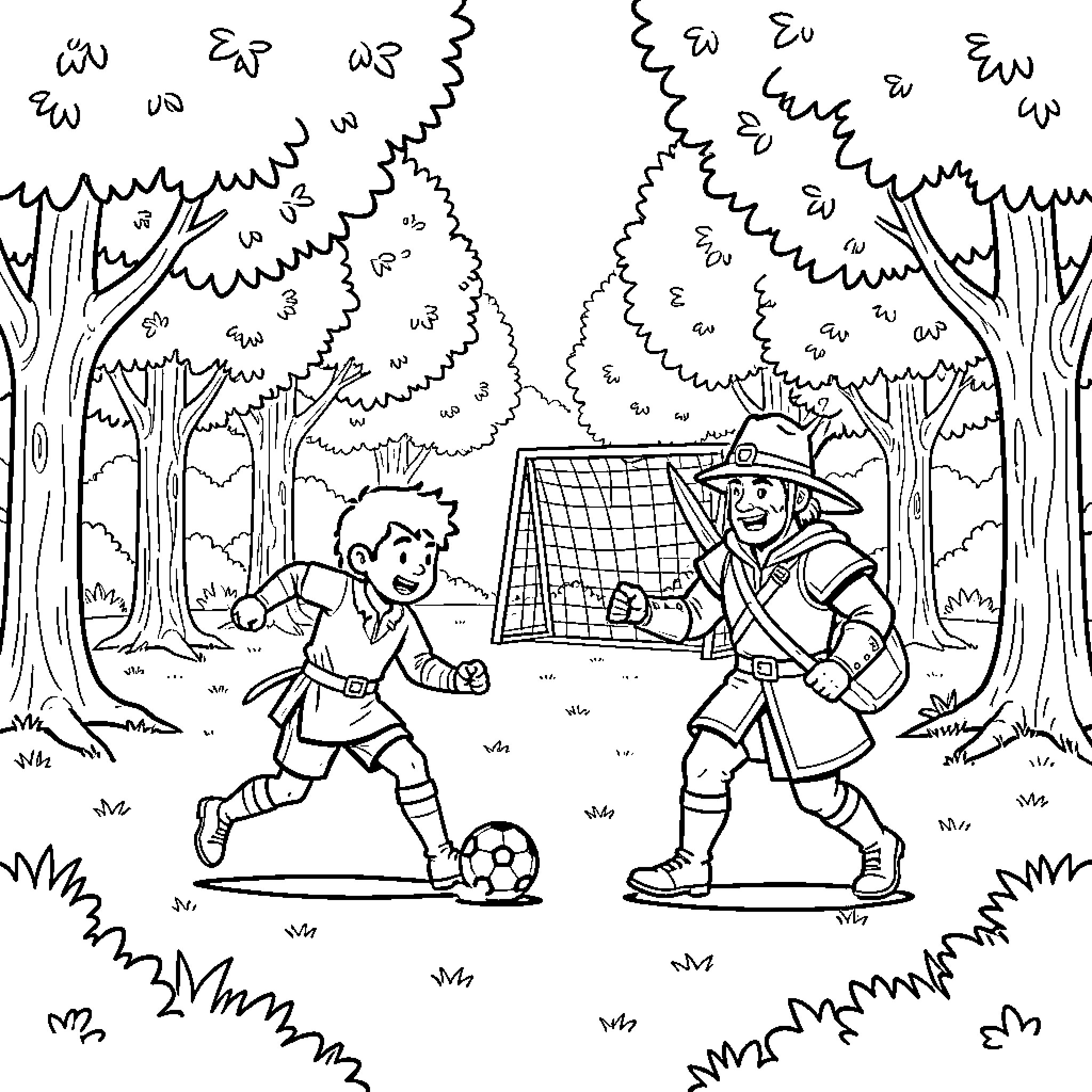 Chase after a soccer ball in a forest Coloring Page (free black-and-white line drawing printable PDF for all, from beginners to advanced learners, including children, teens, adults, and seniors)