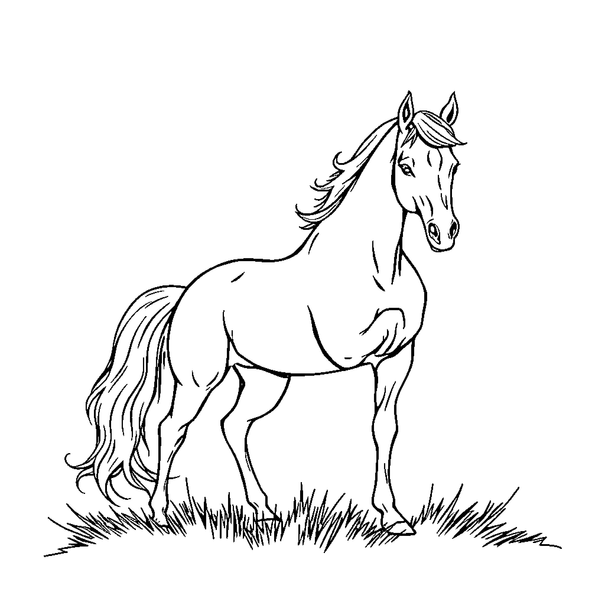 Mustang standing proudly in the meadow Coloring Page (free black-and-white line drawing printable PDF for all, from beginners to advanced learners, including children, teens, adults, and seniors)