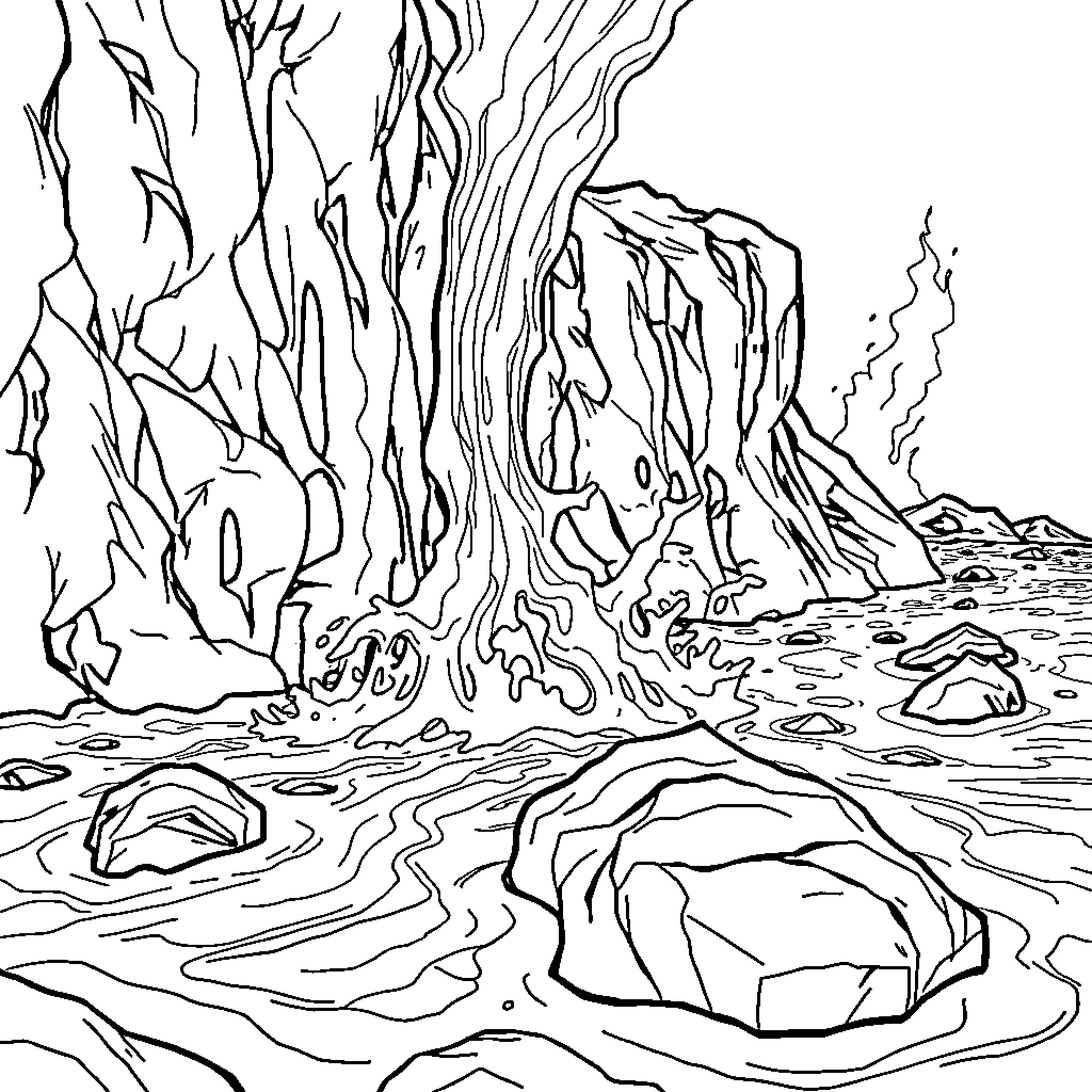 Water flowing through rocky terrain Coloring Page (free black-and-white line drawing printable PDF for all, from beginners to advanced learners, including children, teens, adults, and seniors)