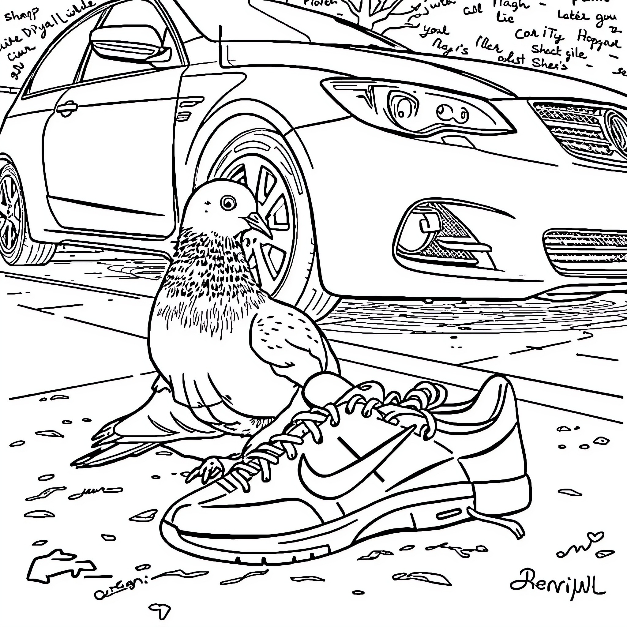 Pigeon admiring a parked vehicle and sneakers Coloring Page (free black-and-white line drawing printable PDF for all, from beginners to advanced learners, including children, teens, adults, and seniors)