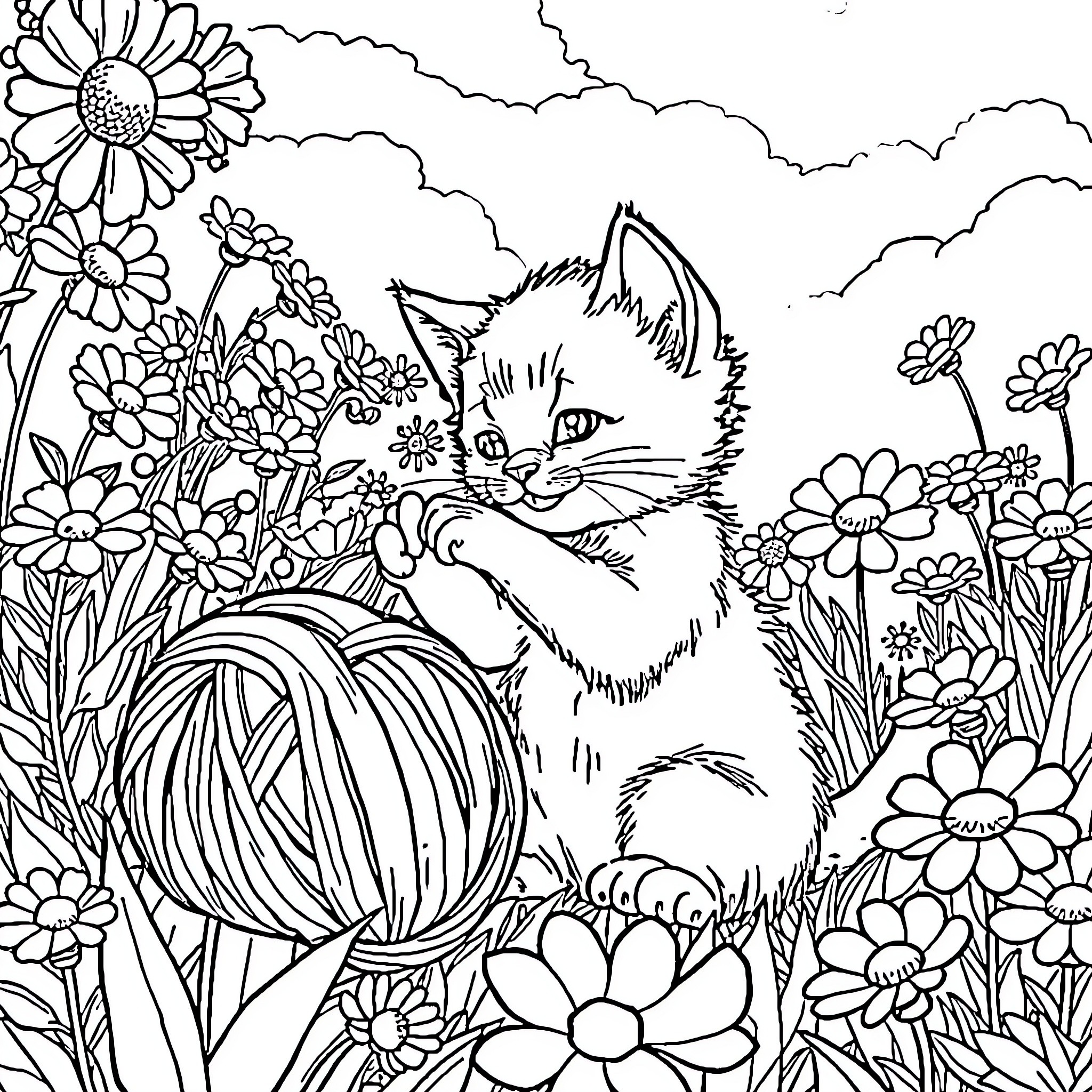 Kitten hiding in the flowery meadow Coloring Page (free black-and-white line drawing printable PDF for all, from beginners to advanced learners, including children, teens, adults, and seniors)