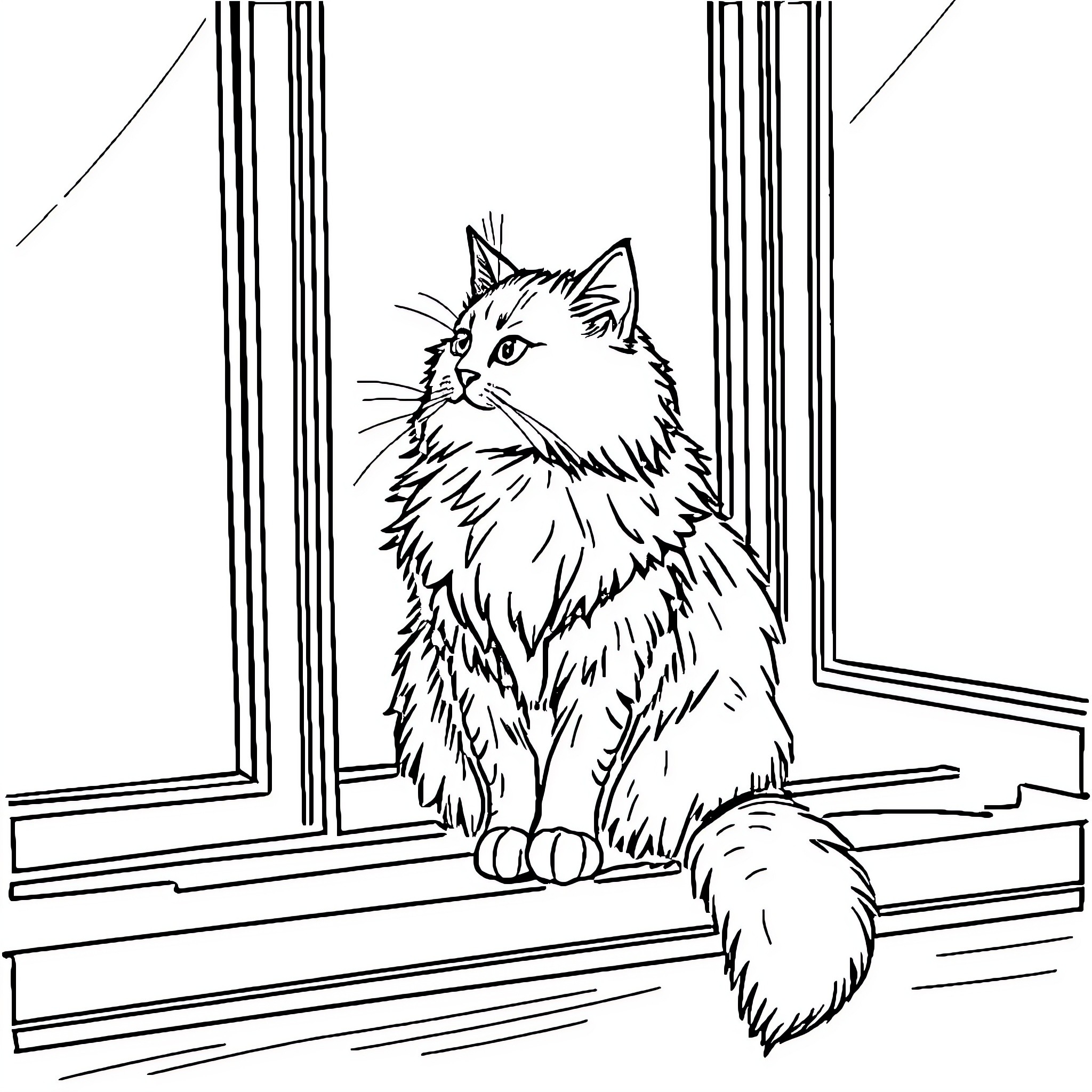 Cat gazing through window Coloring Page (free black-and-white line drawing printable PDF for all, from beginners to advanced learners, including children, teens, adults, and seniors)