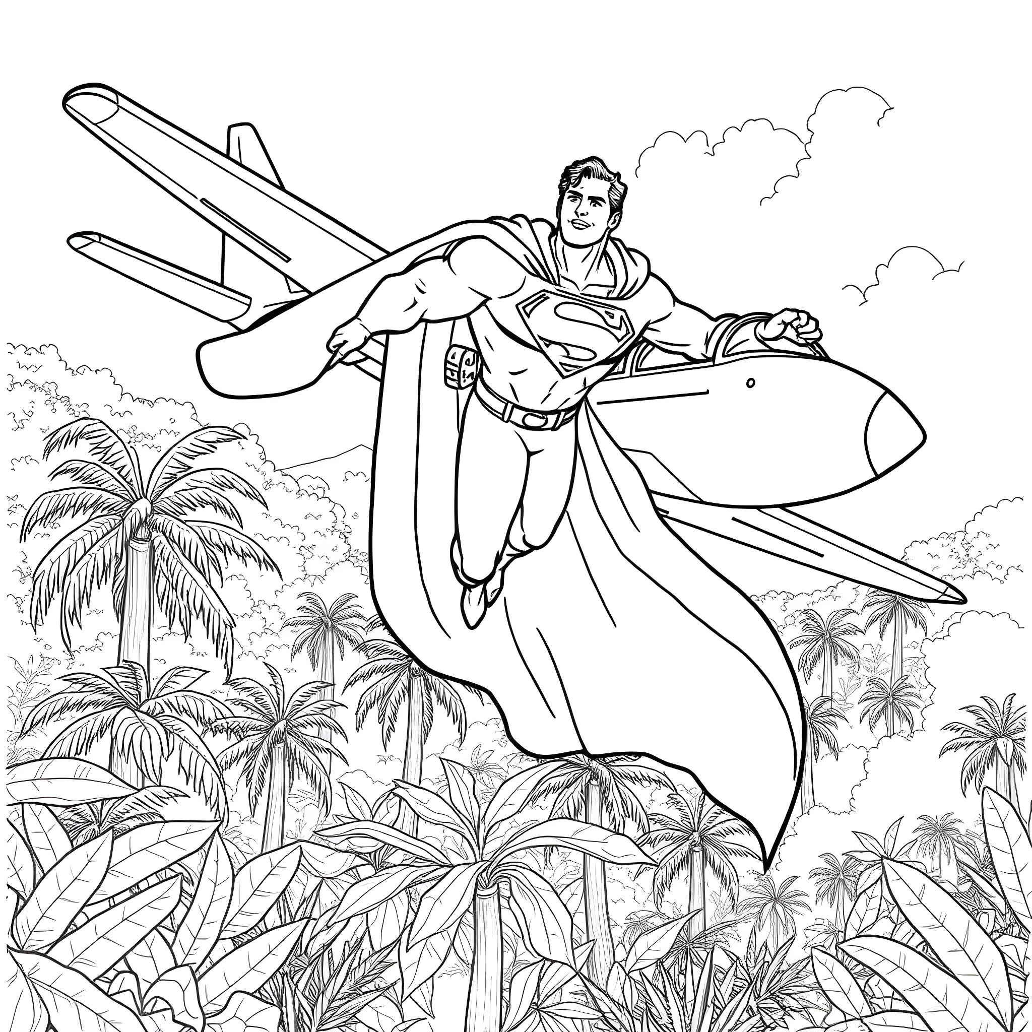 Superman soaring heroically in the tropical landscape Coloring Page (free black-and-white line drawing printable PDF for all, from beginners to advanced learners, including children, teens, adults, and seniors)