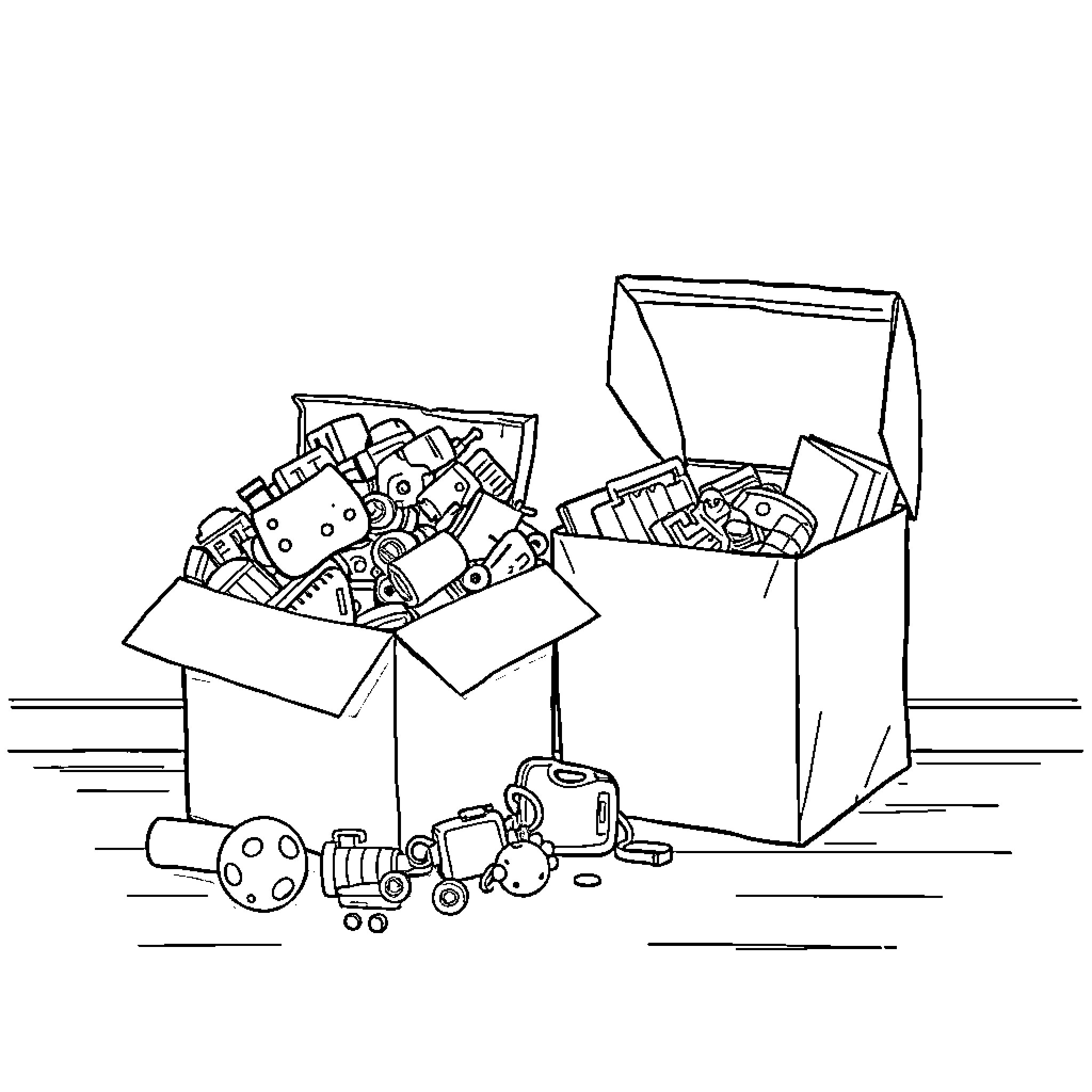 Box of Assorted Toys and Supplies Coloring Page (free black-and-white line drawing printable PDF for all, from beginners to advanced learners, including children, teens, adults, and seniors)