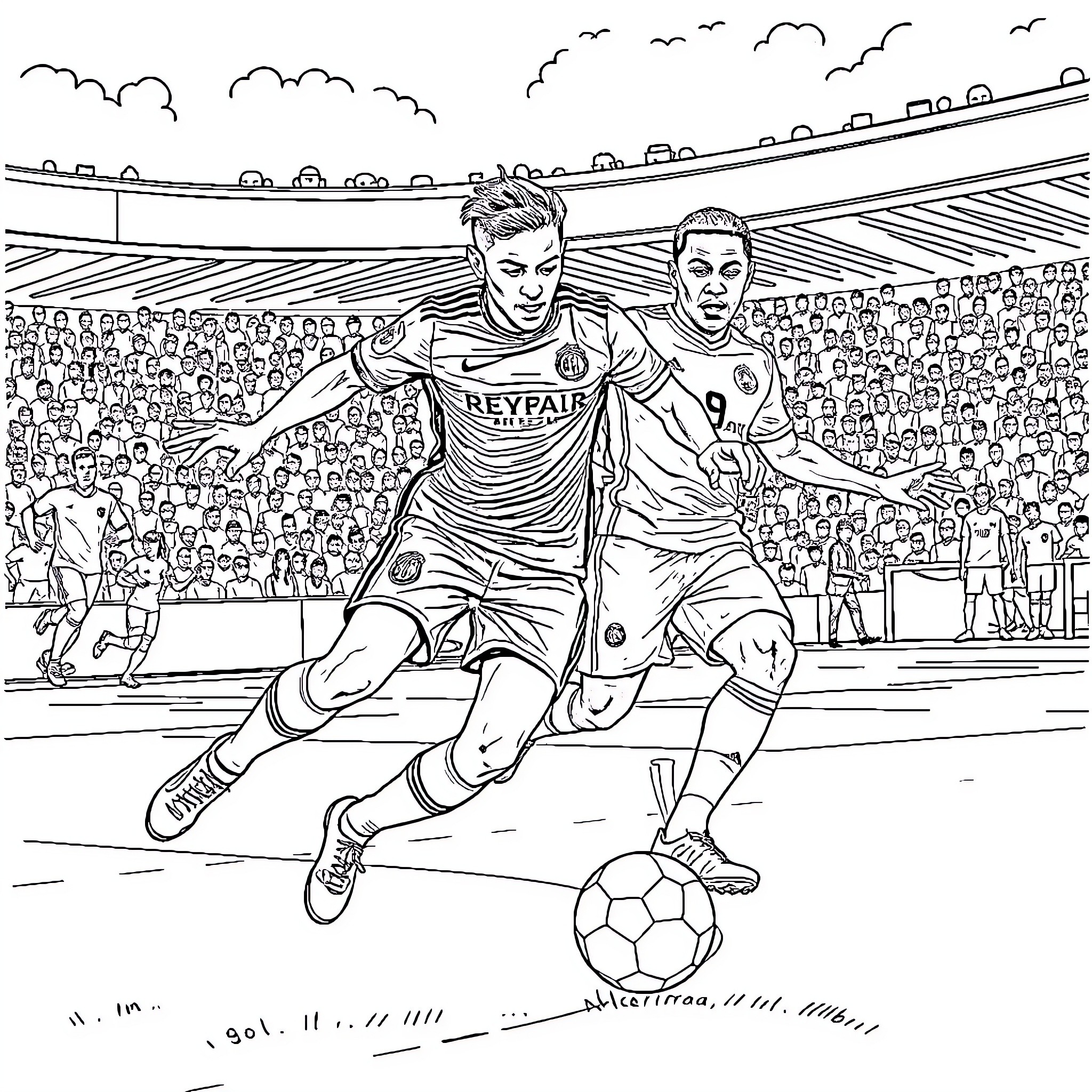 Neymar JR playing football in a stadium Coloring Page (free black-and-white line drawing printable PDF for all, from beginners to advanced learners, including children, teens, adults, and seniors)
