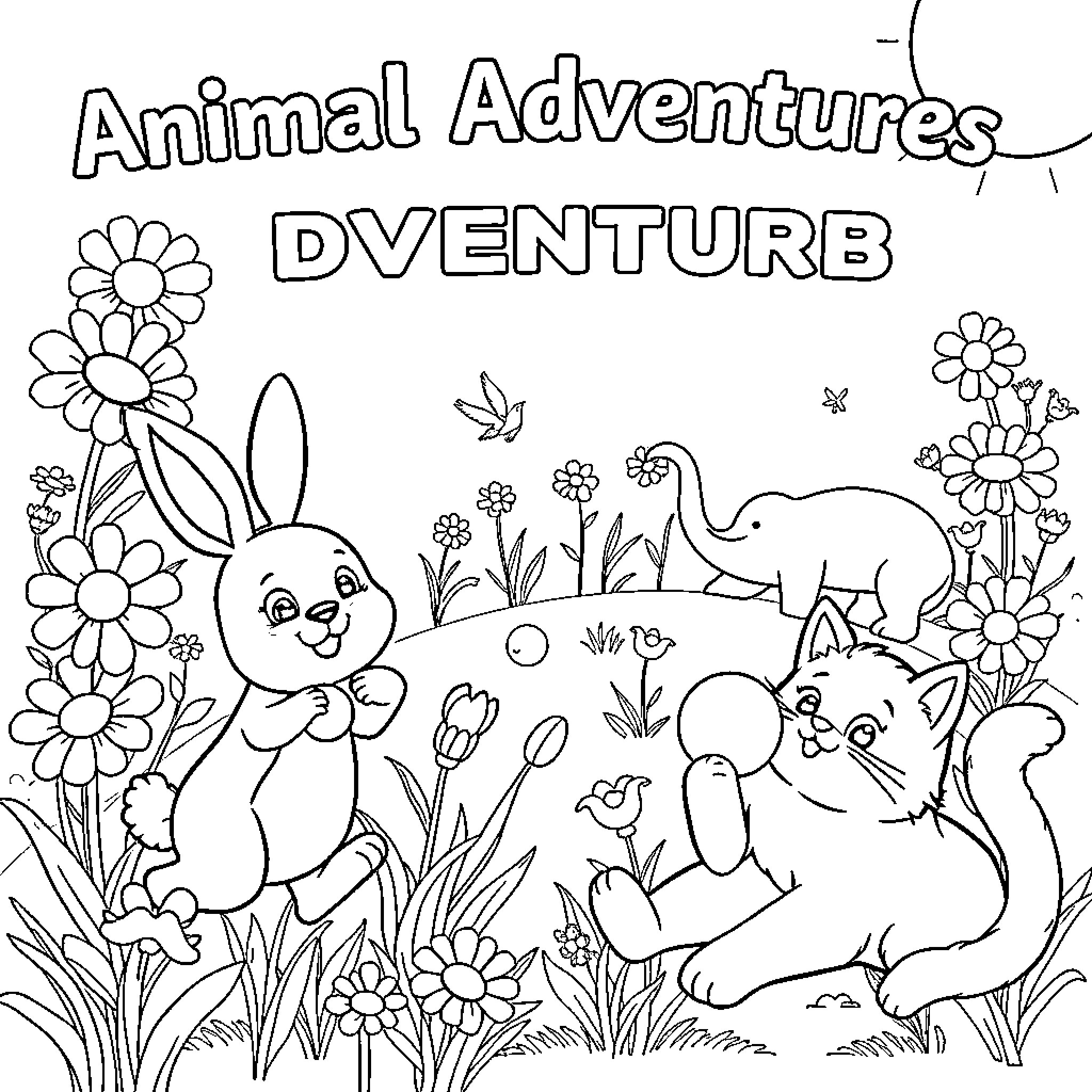 Animal Adventures in the Colorful Meadow Coloring Page (free black-and-white line drawing printable PDF for all, from beginners to advanced learners, including children, teens, adults, and seniors)