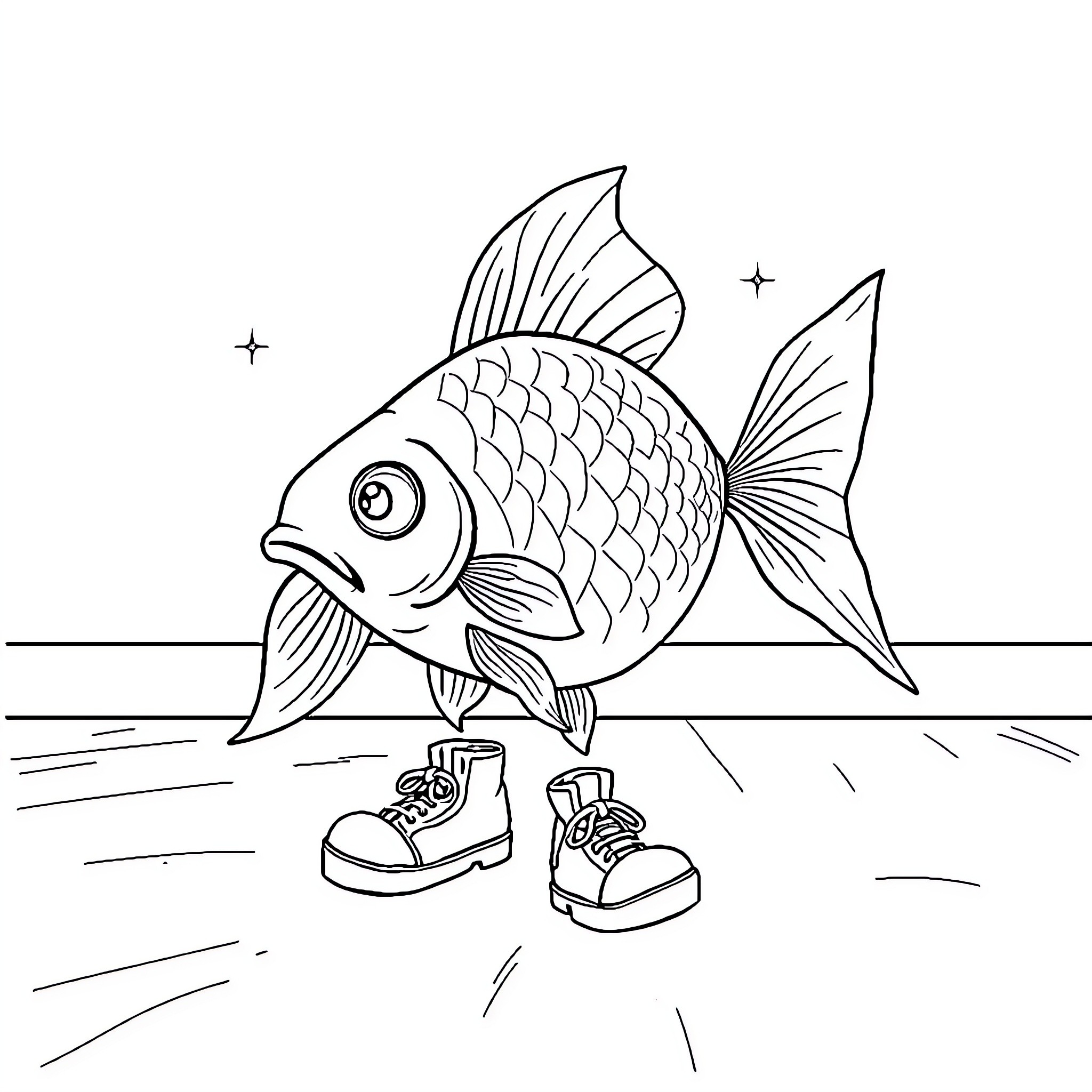 Goldfish wearing shoes near the shore Coloring Page (free black-and-white line drawing printable PDF for all, from beginners to advanced learners, including children, teens, adults, and seniors)