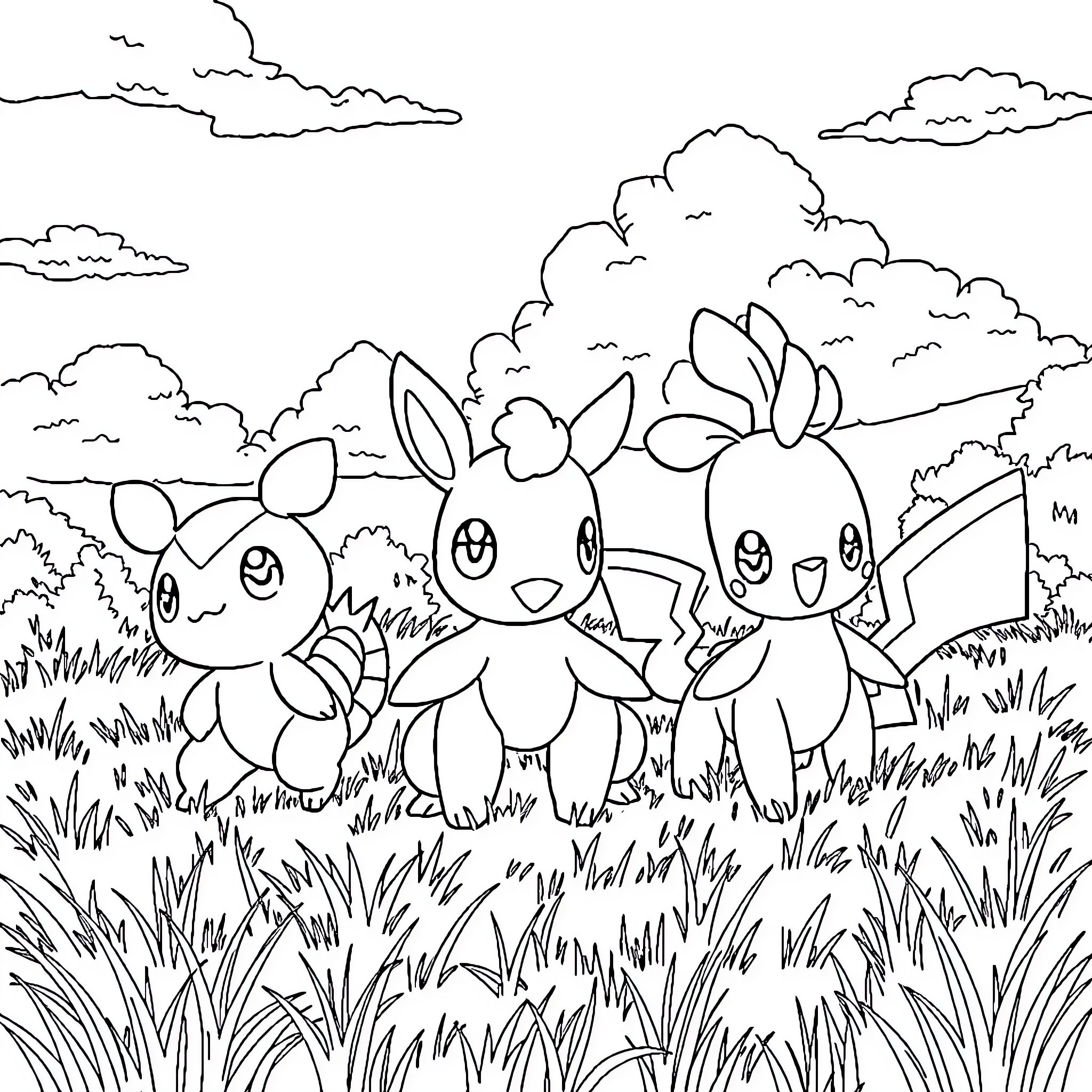 Starter Pokemon playing happily in the grassy field Coloring Page (free black-and-white line drawing printable PDF for all, from beginners to advanced learners, including children, teens, adults, and seniors)