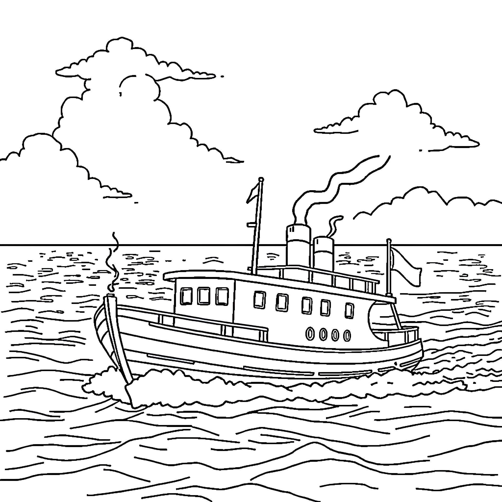 Barco sailing on the high seas Coloring Page (free black-and-white line drawing printable PDF for all, from beginners to advanced learners, including children, teens, adults, and seniors)