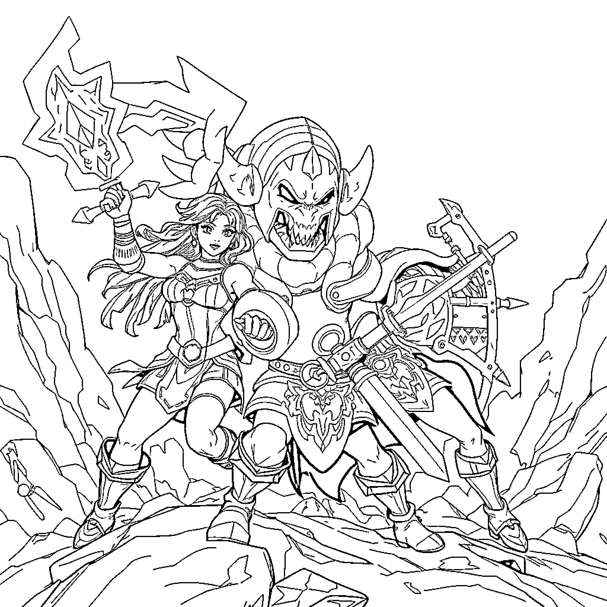 Urbosa's Fierce Battle with Formidable Foes Coloring Page (free black-and-white line drawing printable PDF for all, from beginners to advanced learners, including children, teens, adults, and seniors)
