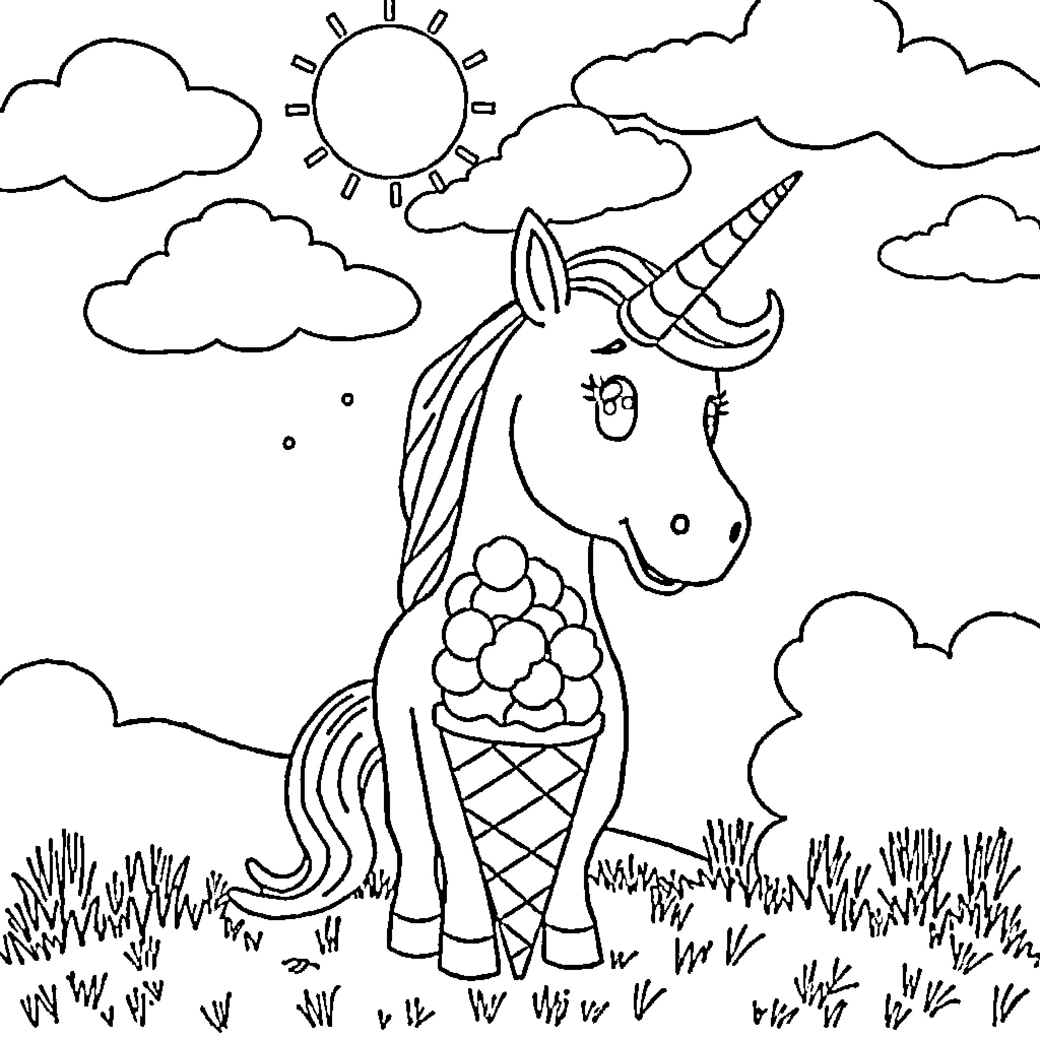 Unicorn enjoying an ice cream cone in the meadow Coloring Page (free black-and-white line drawing printable PDF for all, from beginners to advanced learners, including children, teens, adults, and seniors)